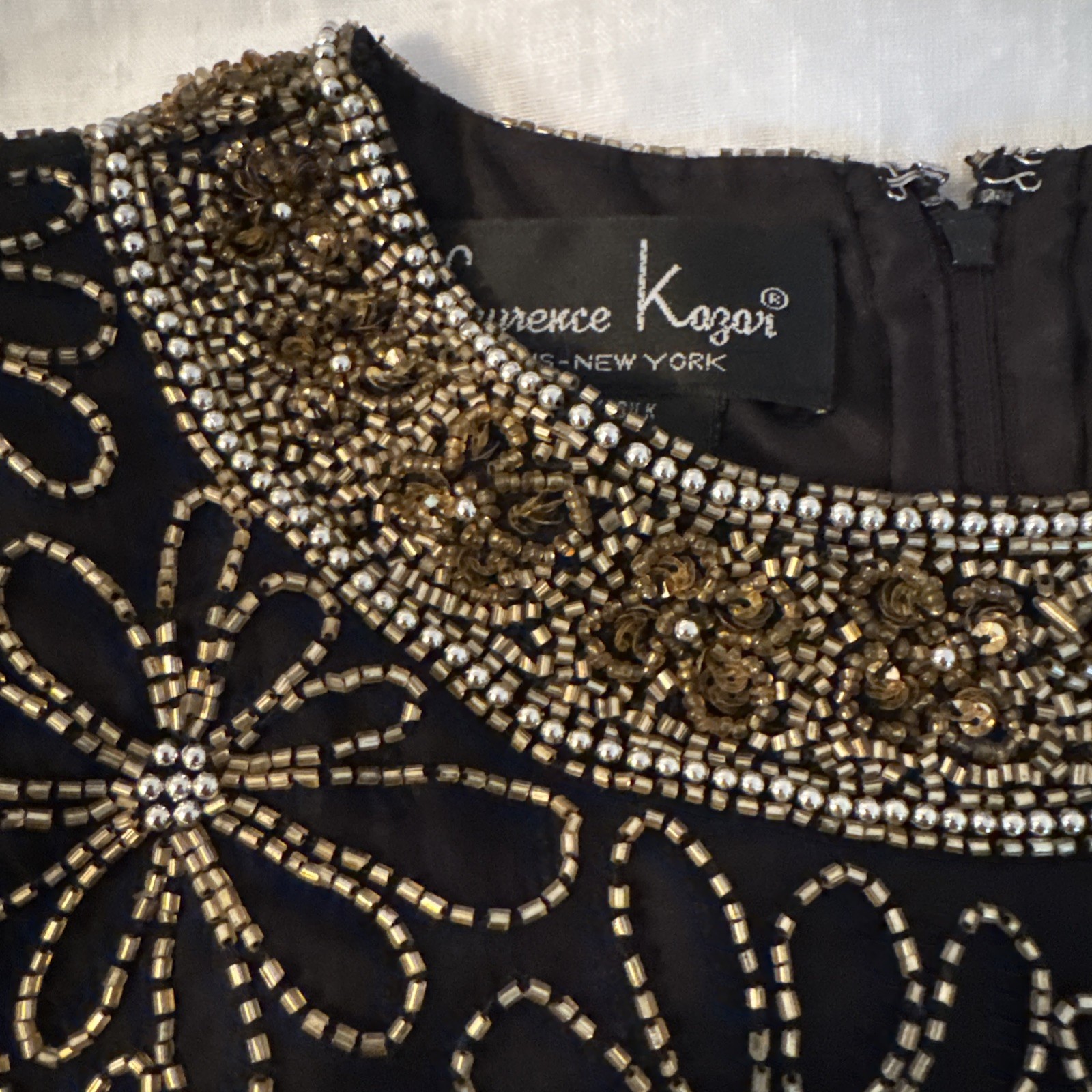 Laurence Kazar Vintage Beaded Silk Top Small Black Gold Sequin Evening Party