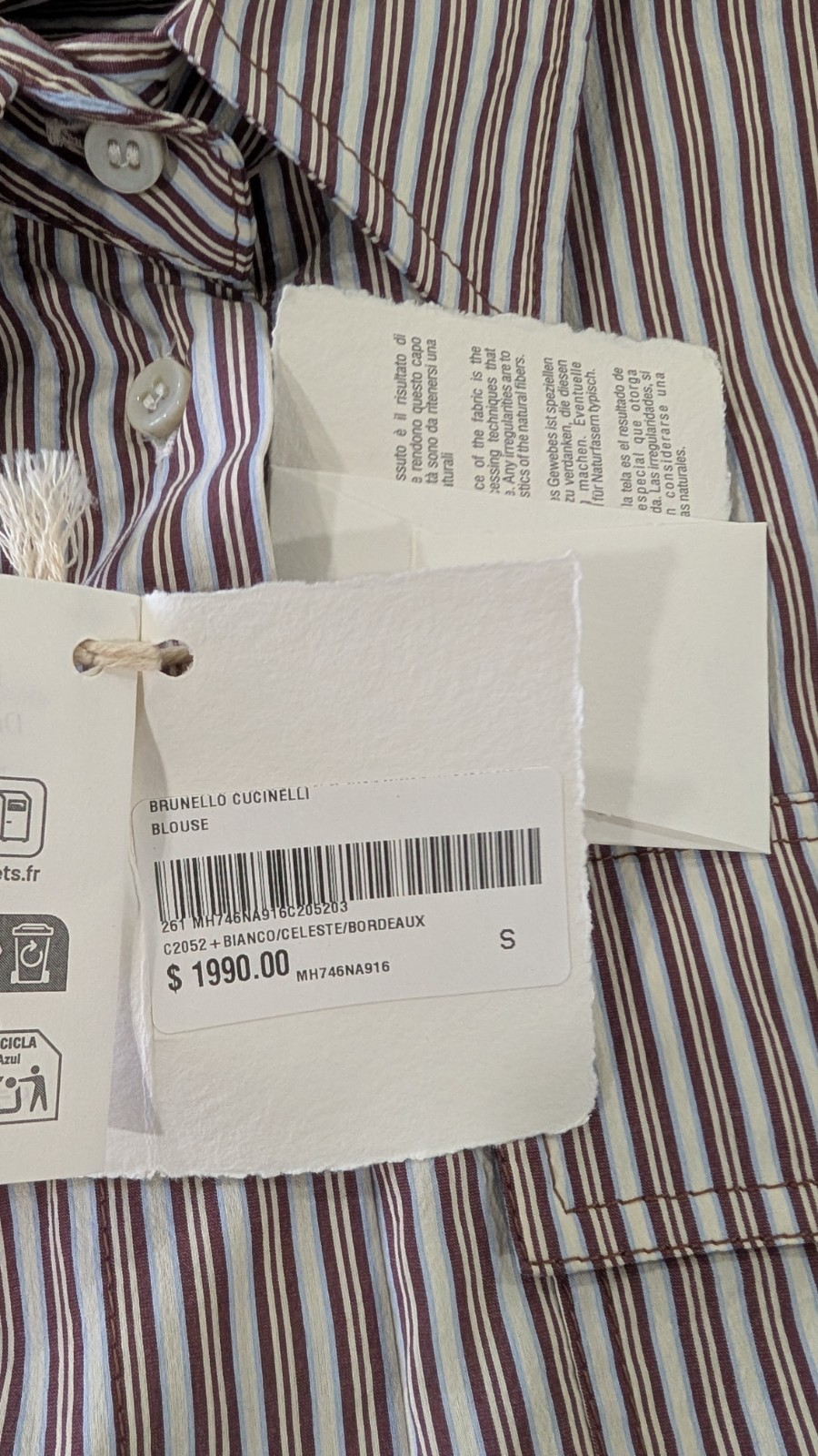Brunello Cucinelli Striped Silk Cotton Crop Blouse Shirt S White Bordeaux NWT