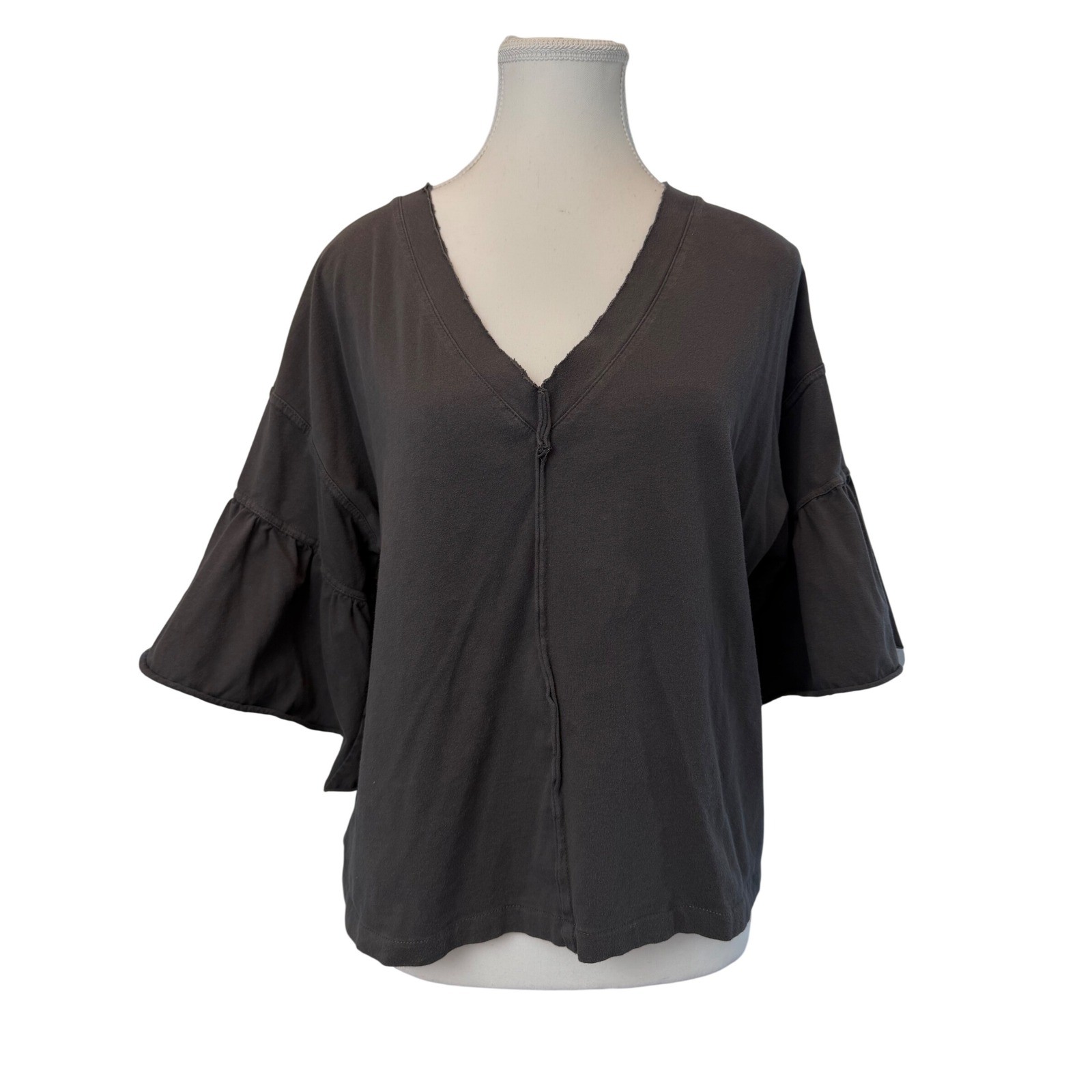 Peasant Top Med/Lrg Gray V-Neck Raw Edge Bell Sleeve Top Boho Oversized Basics