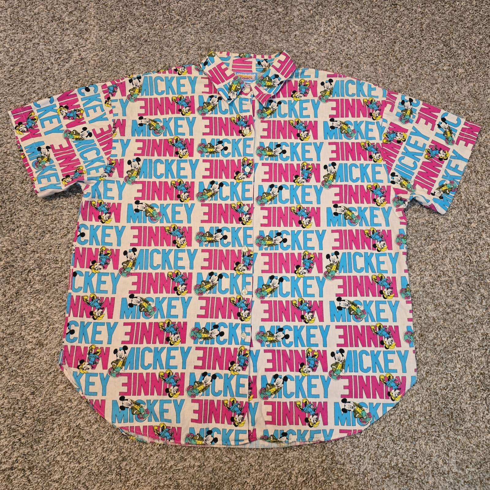 VTG 90s Sunday Comics Shirt Medium Mickey Minnie Mouse Walt Disney Button Up