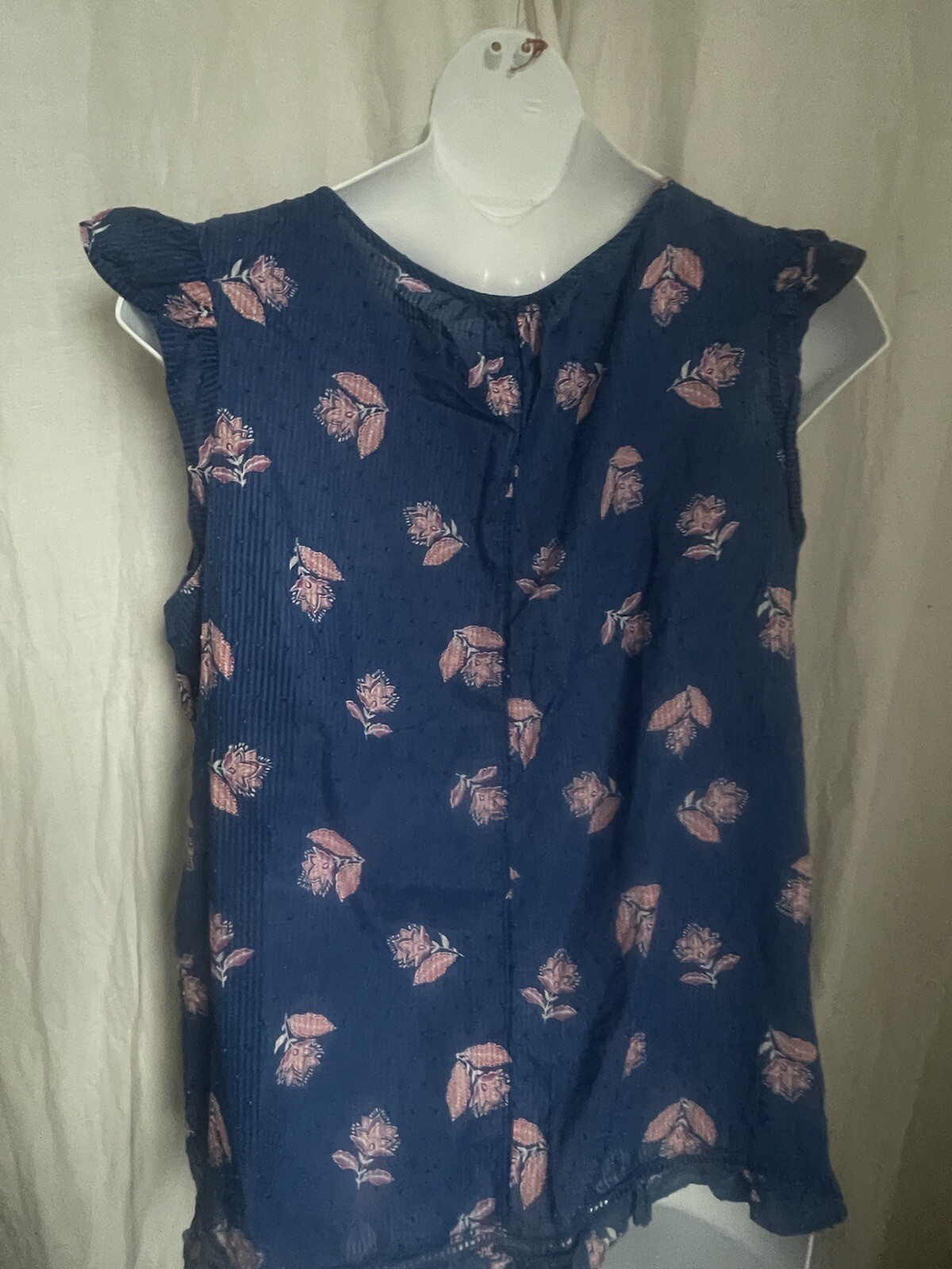 JOE FRESH Blouse Blue Pink Floral Gaze Sleeveless Ruffle Tie Neck Pullover 2X