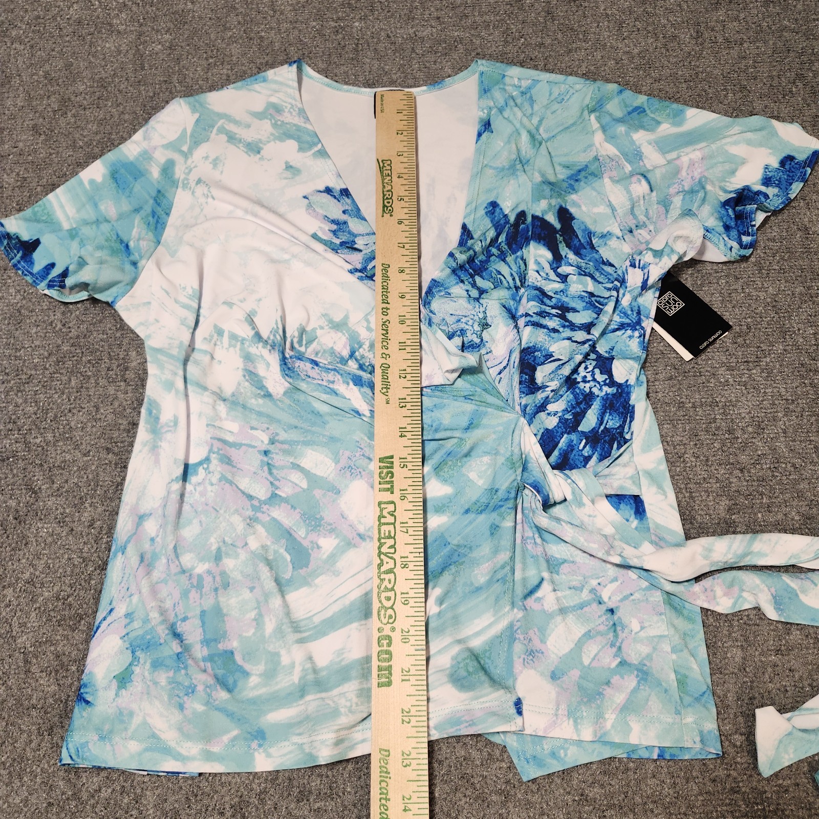 Clara Sun Woo Top Womens XL Green Blue Faux Wrap Side Tie Tunic Blouse