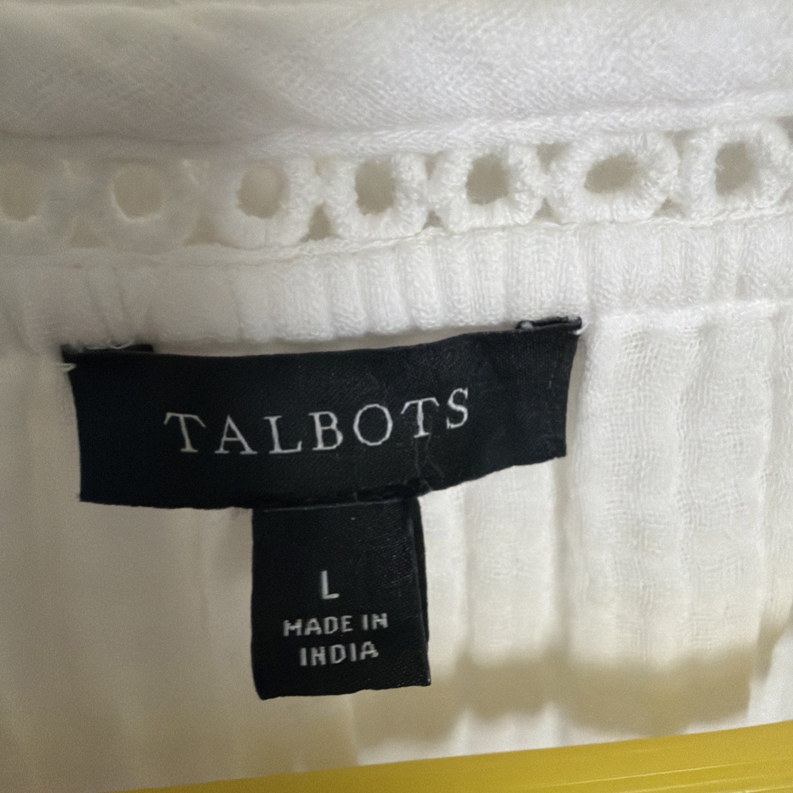 Talbots White Elbow Sleeve Gauze Top split neck subtle eyelet detailing Size L