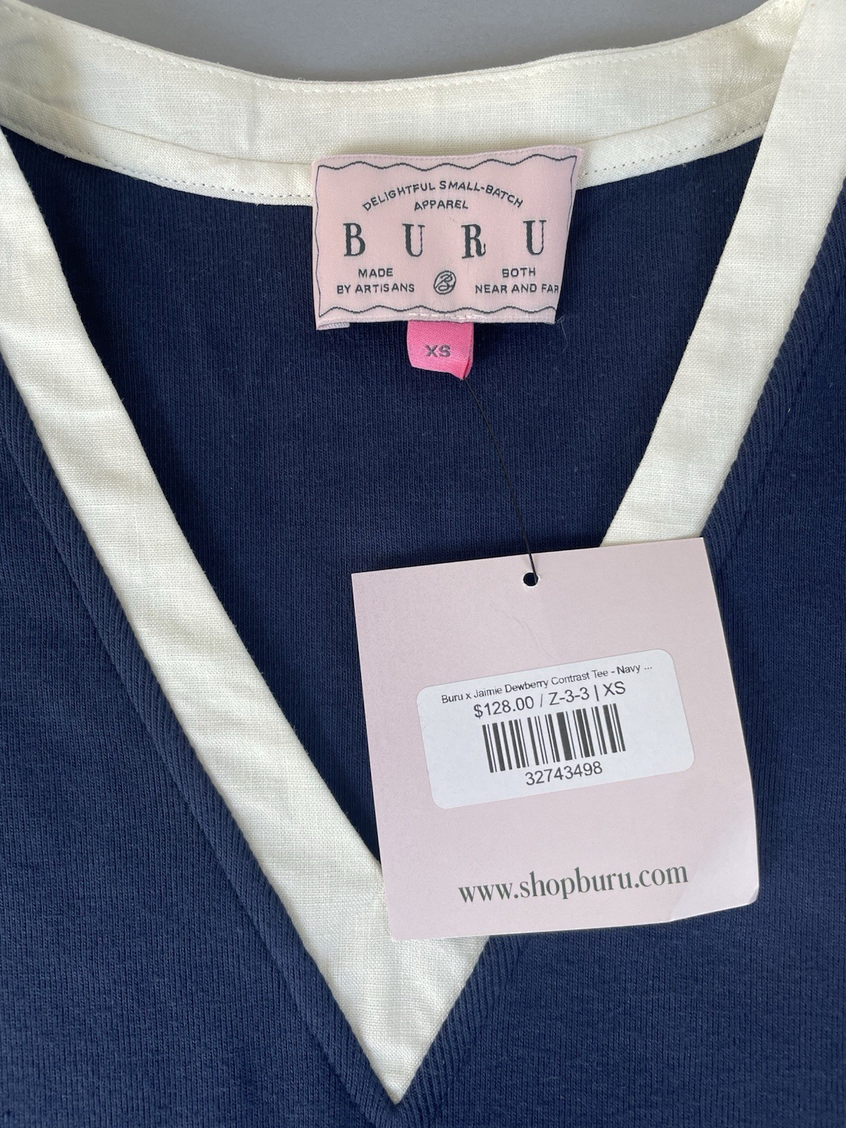 Buru Contrast Tee Navy Linen Cotton XS V Neck New With Tags ($128)
