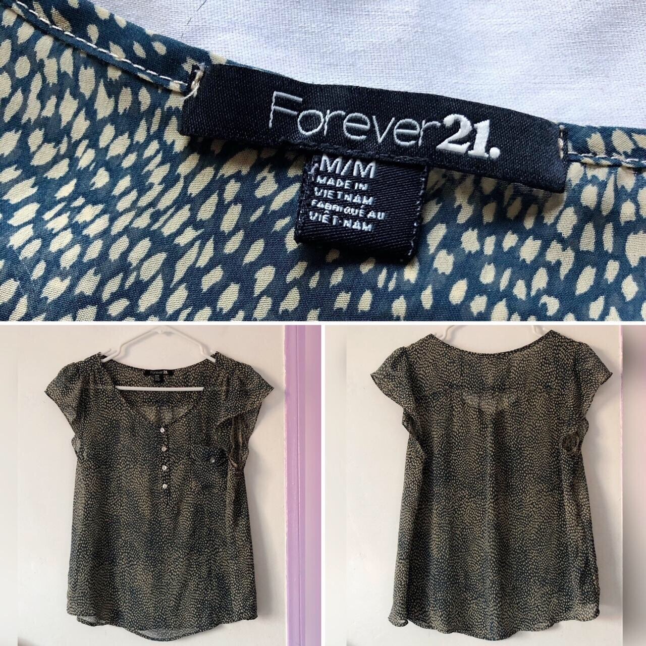 Forever 21 Olive Green Tan Spotted Button Pocket Sheer Cap Sleeve Top Medium