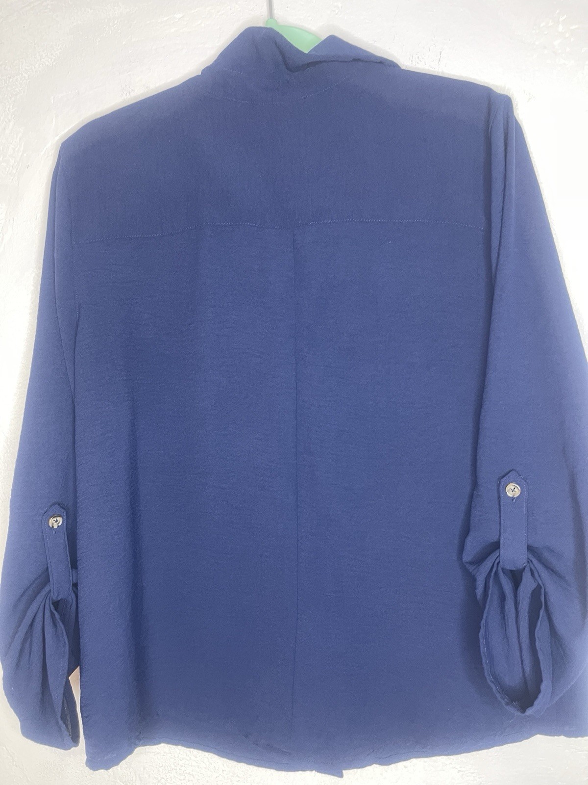 Fred David Women’s Large Navy Button Up Blouse Roll Tab Sleeve Casual Career