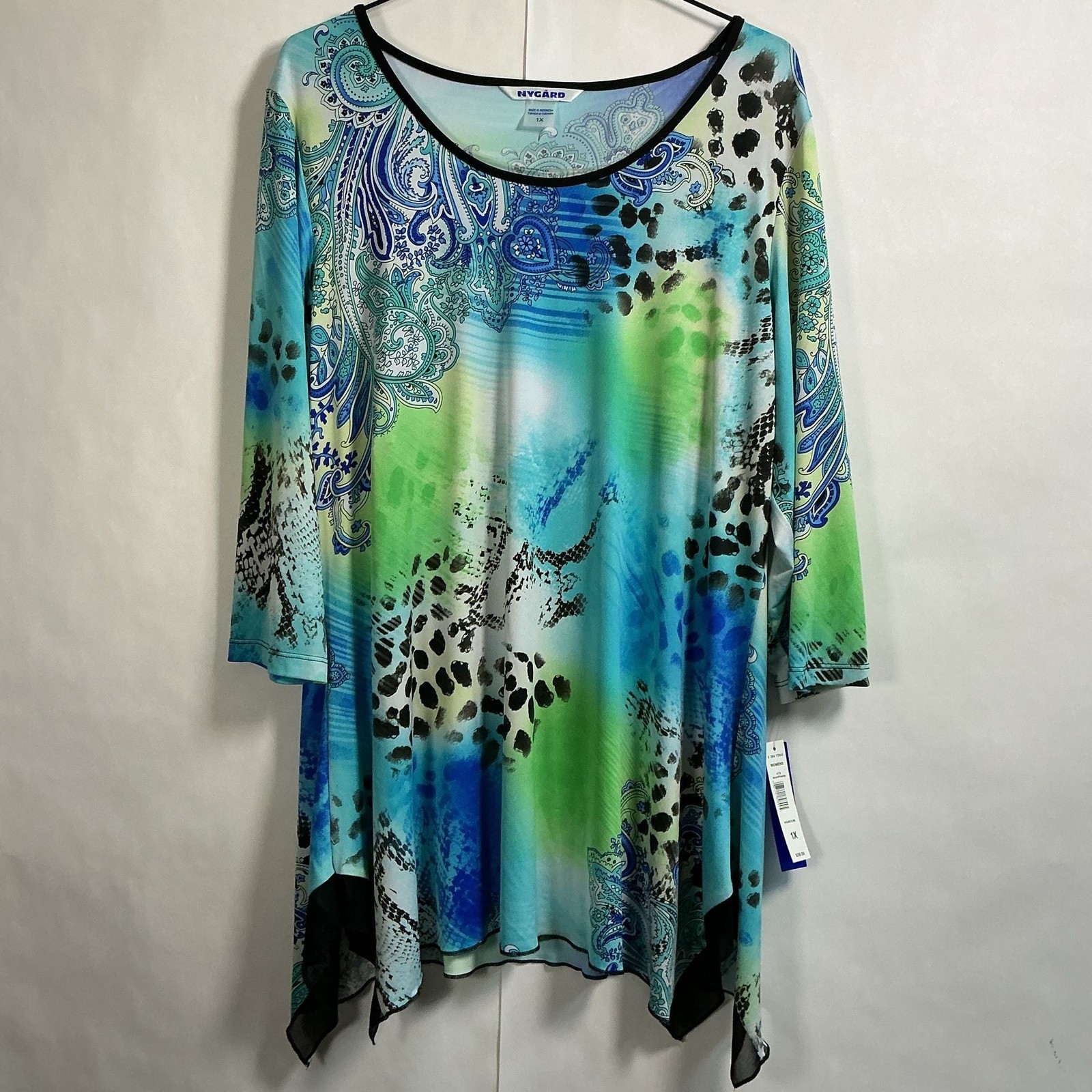 Nygard Women’s Animal Paisley Print 3/4 Sleeve Handkerchief Hem Tunic Top