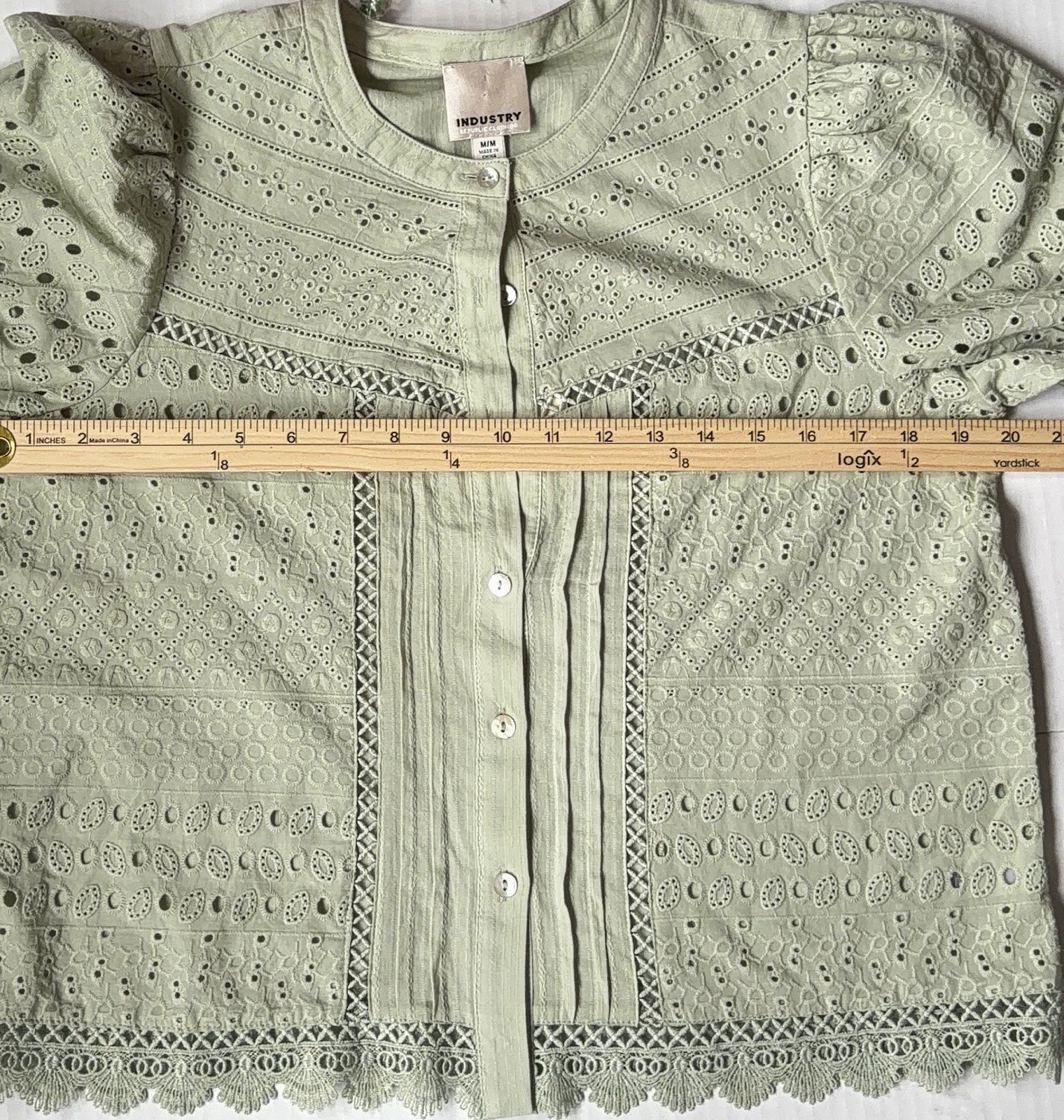 Industry Republic Clothing Embroidered Eyelet Puff Sleeve Button-Up Shirt Rust M