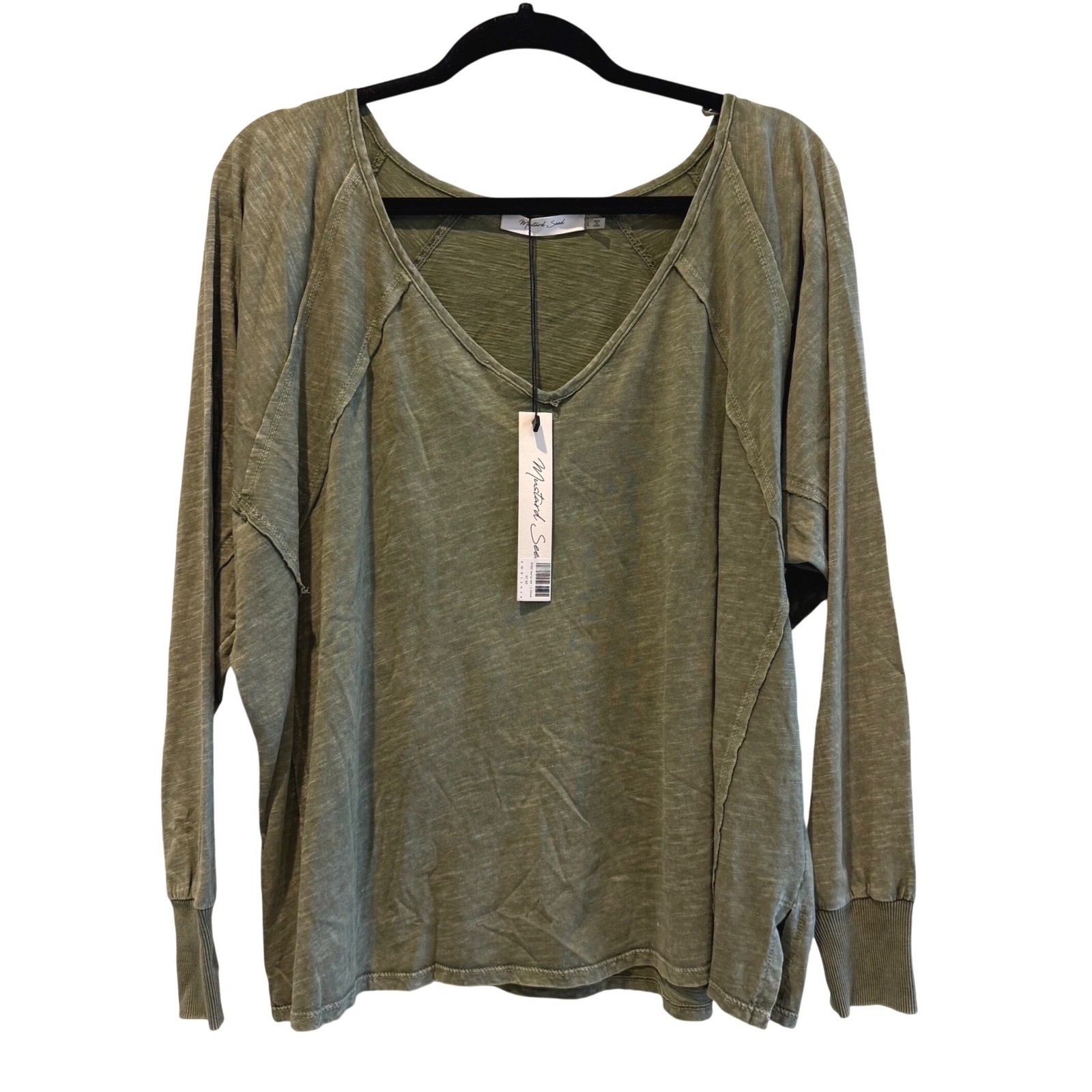 Mustard Seed Womens Oversized V-Neck Slub Cotton Tee Olive Green S16860 L NWT