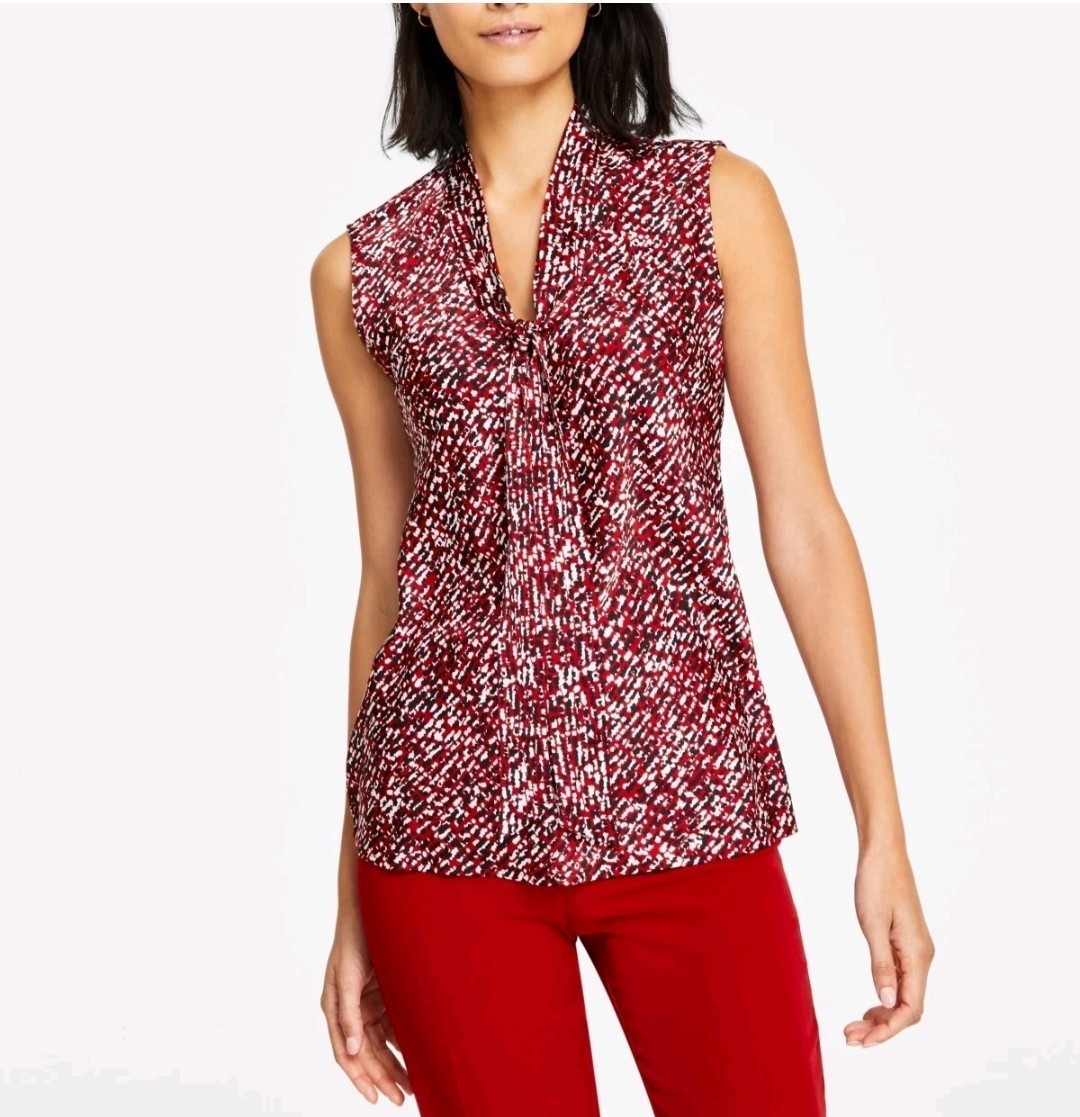 Kasper Satin Printed Tie-Neck Sleeveless Blouse Women XS Fire Red Multi Pullover