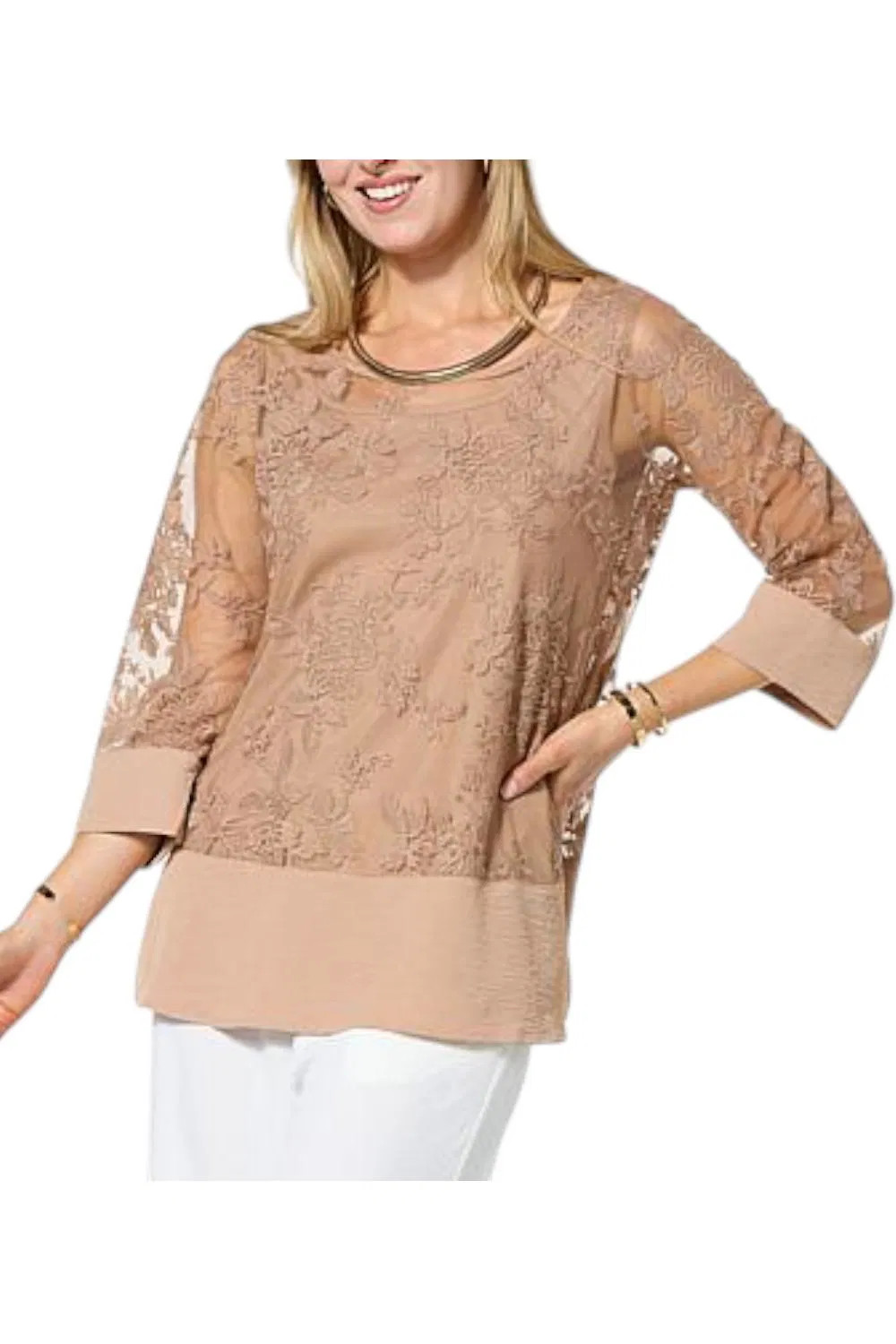 Nina Leonard Women’s Embroidered Mesh Knit 3/4 Slv Tunic Praline