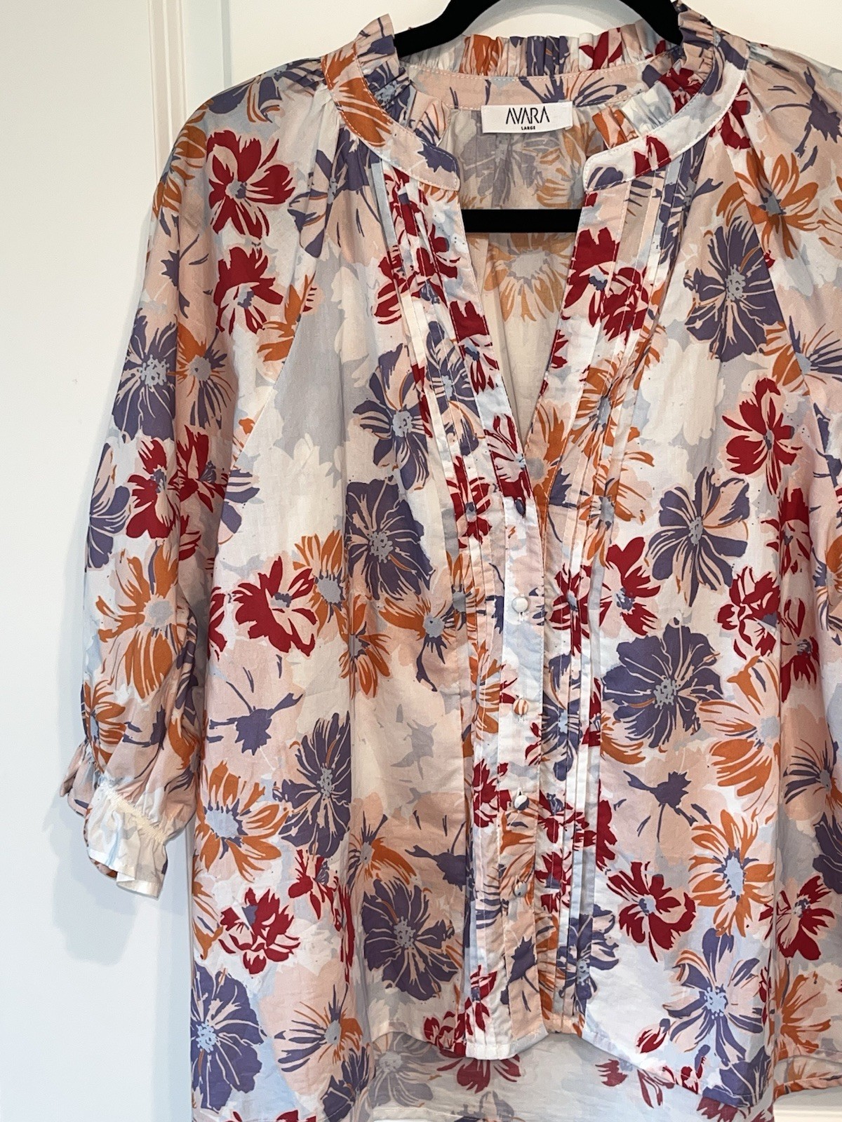 Avara Women’s Floral Ruffle Poplin Bubble Sleeve Preppy Blouse Size Large P2425