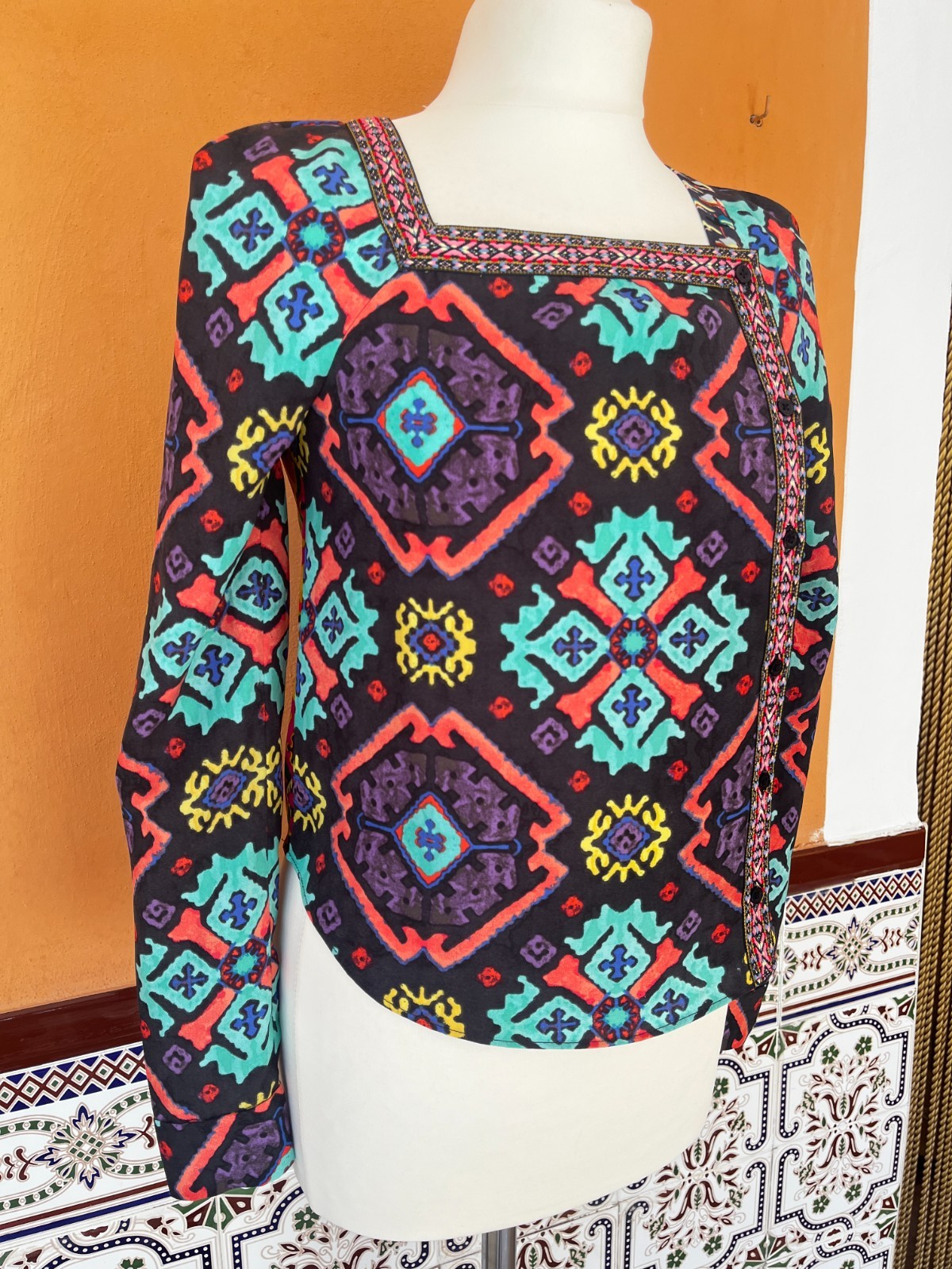 Rachel Roy Boho Ethnic Print Multicolored Blouse Shirt 90s Deadstock XS