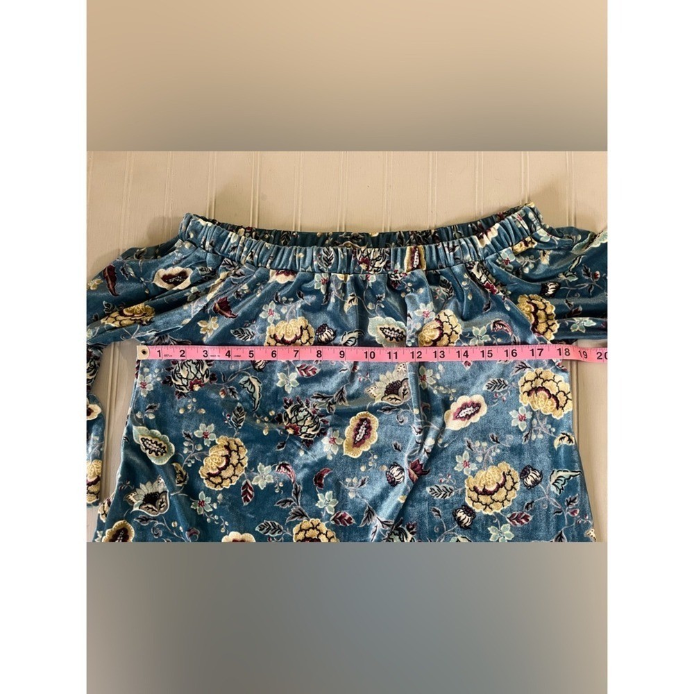 Current + Project Floral Bell Sleeve Off Shoulder Velvet Top Womens Small Blue
