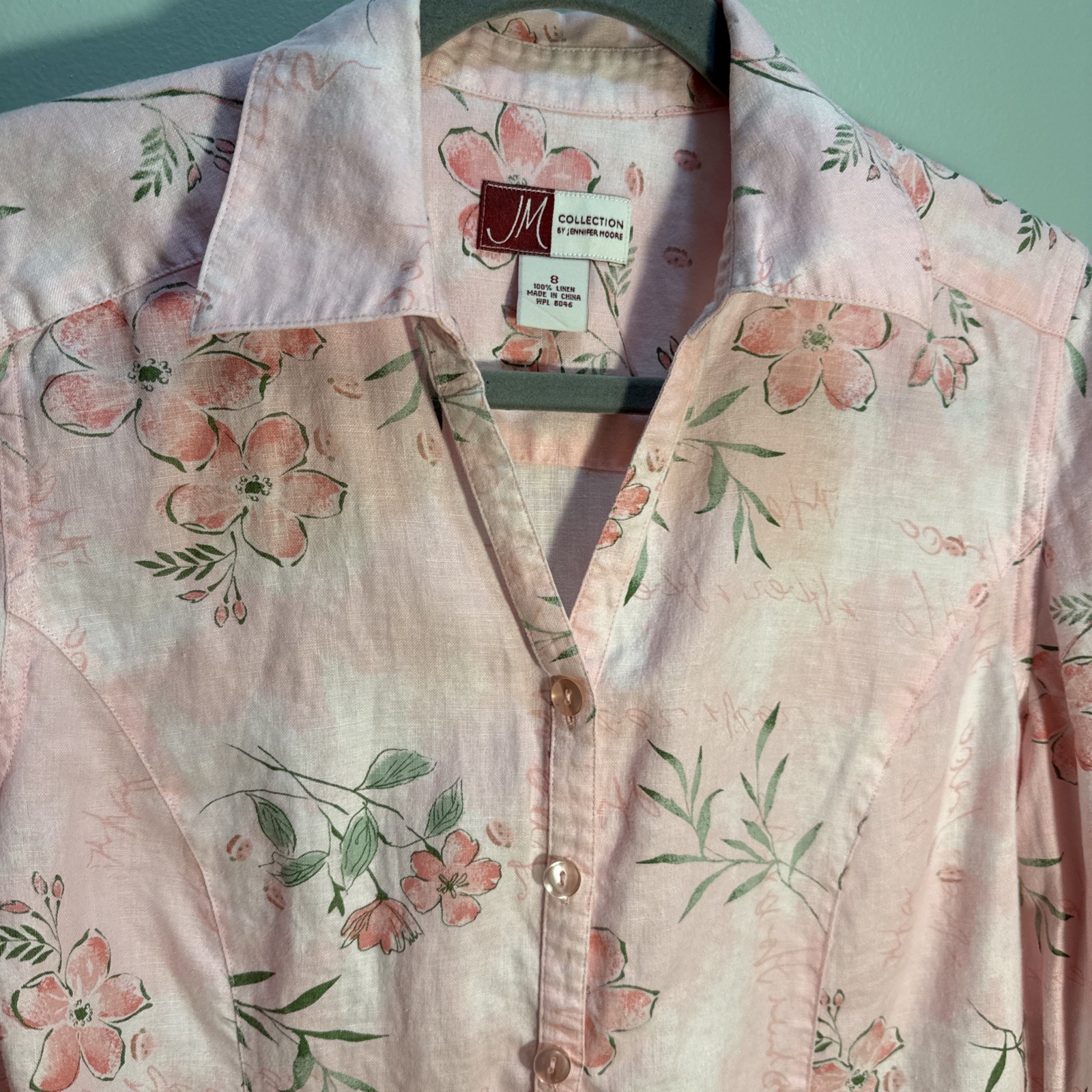 JM Collection Floral Cottagecore Linen Shirt 8 Tropical Cruise Button Blouse