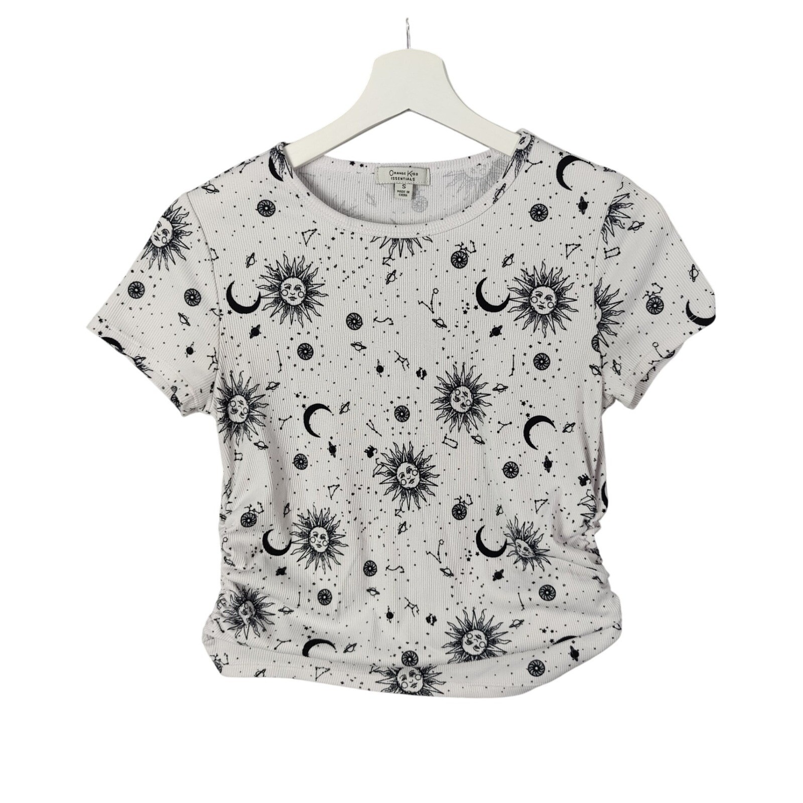 Orange Kiss Womens Whimsigoth Celestial Ruched Baby Tee Top S Sun Moon Stars