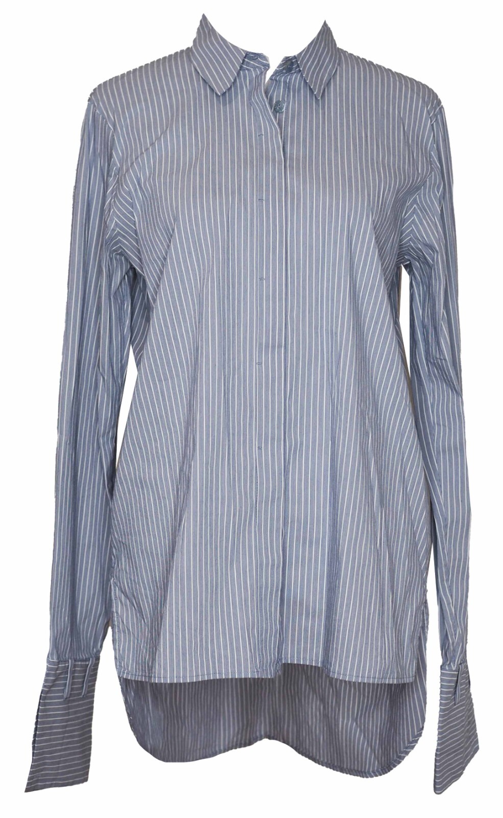 MAX VOLMARY 6 35 Shirt Top Blue White Striped Tunic Exaggerated Barrel Cuffs