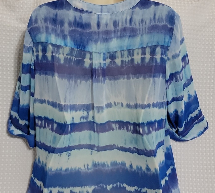 Tie Dye Blouse Tunic Top Women Size 1 M Medium Blue White 3/4 Sleeve Sheer