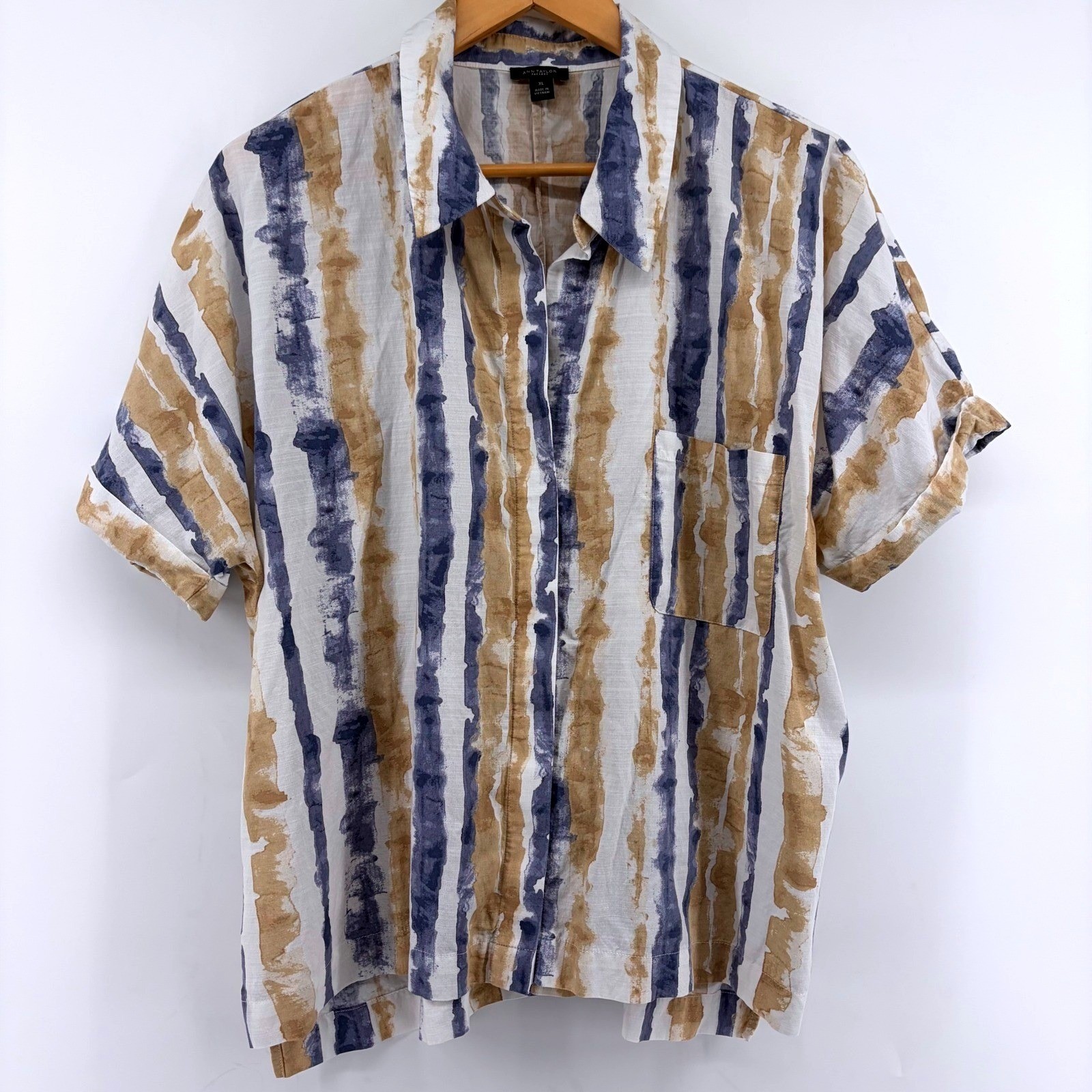Ann Taylor Blue Tan Watercolor Stripe Modal Cotton Button Down Shirt/Jacket XL