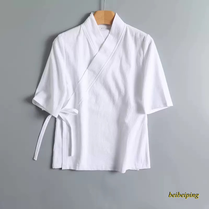 Cotton Linen Chinese Style Wrap Top Short Sleeve Casual Women Breathable Shirt