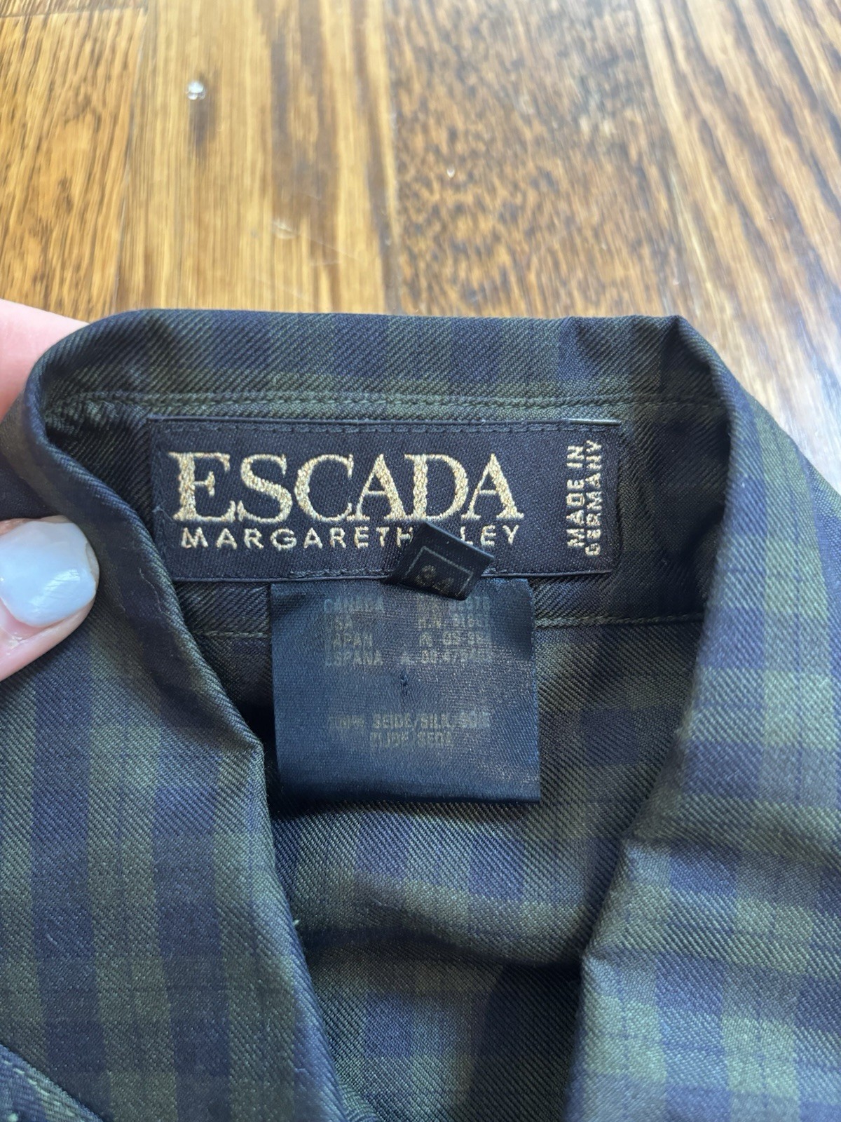 Escada Margaretha Ley Green Blue Plaid Button Up Long Sleeve Silk Blouse 34/4