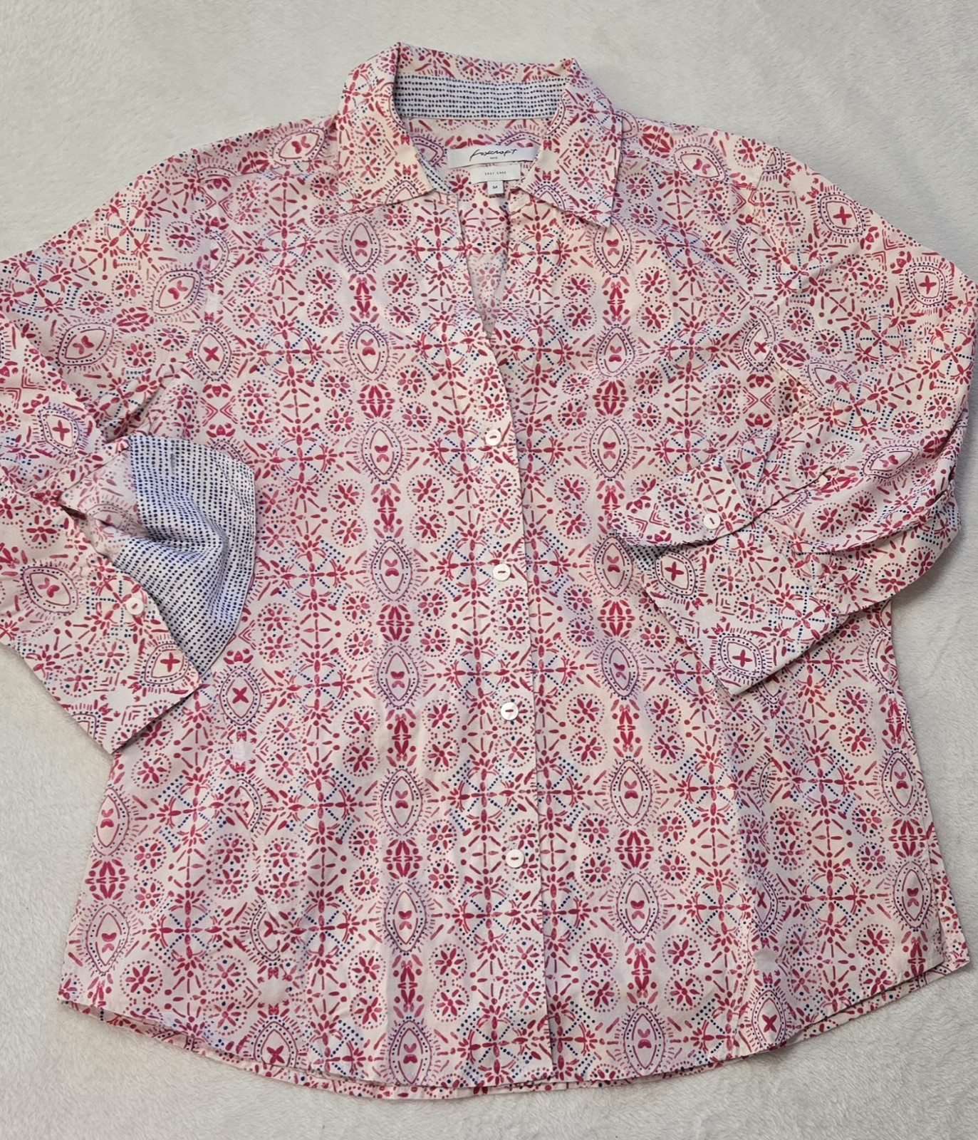 Foxcroft Easy Care Pink Blue White Abstract V Neck 3/4 Sleeve Top M