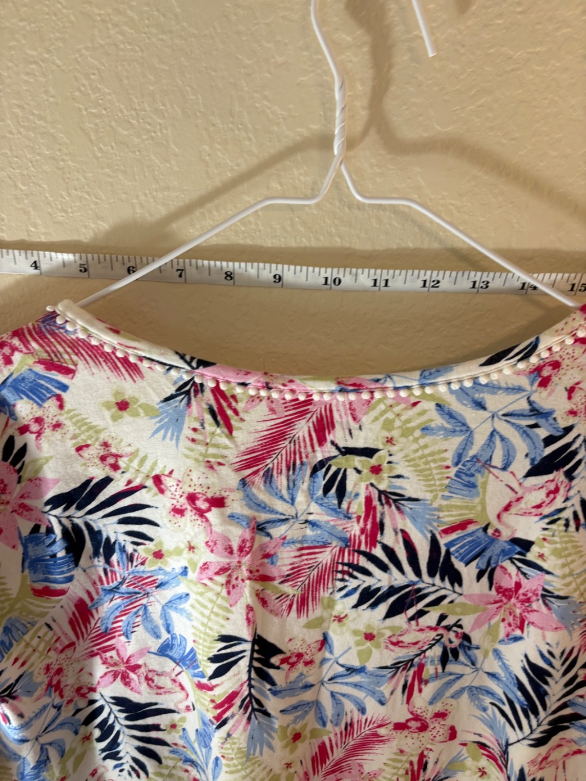 Coral Bay Womens XL Tropical Floral Top Pink Blue Palm Print Cotton Stretch Tee
