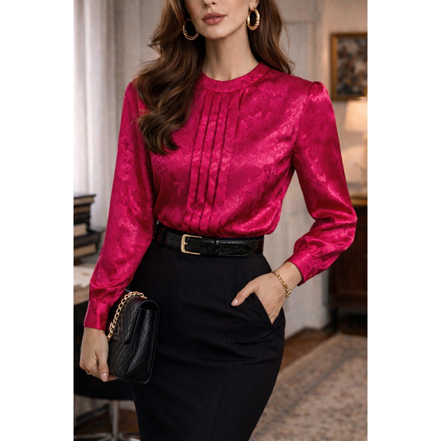 Laura Jean vintage Hot Pink Floral Embossed Back Button Secretary Blouse size 10
