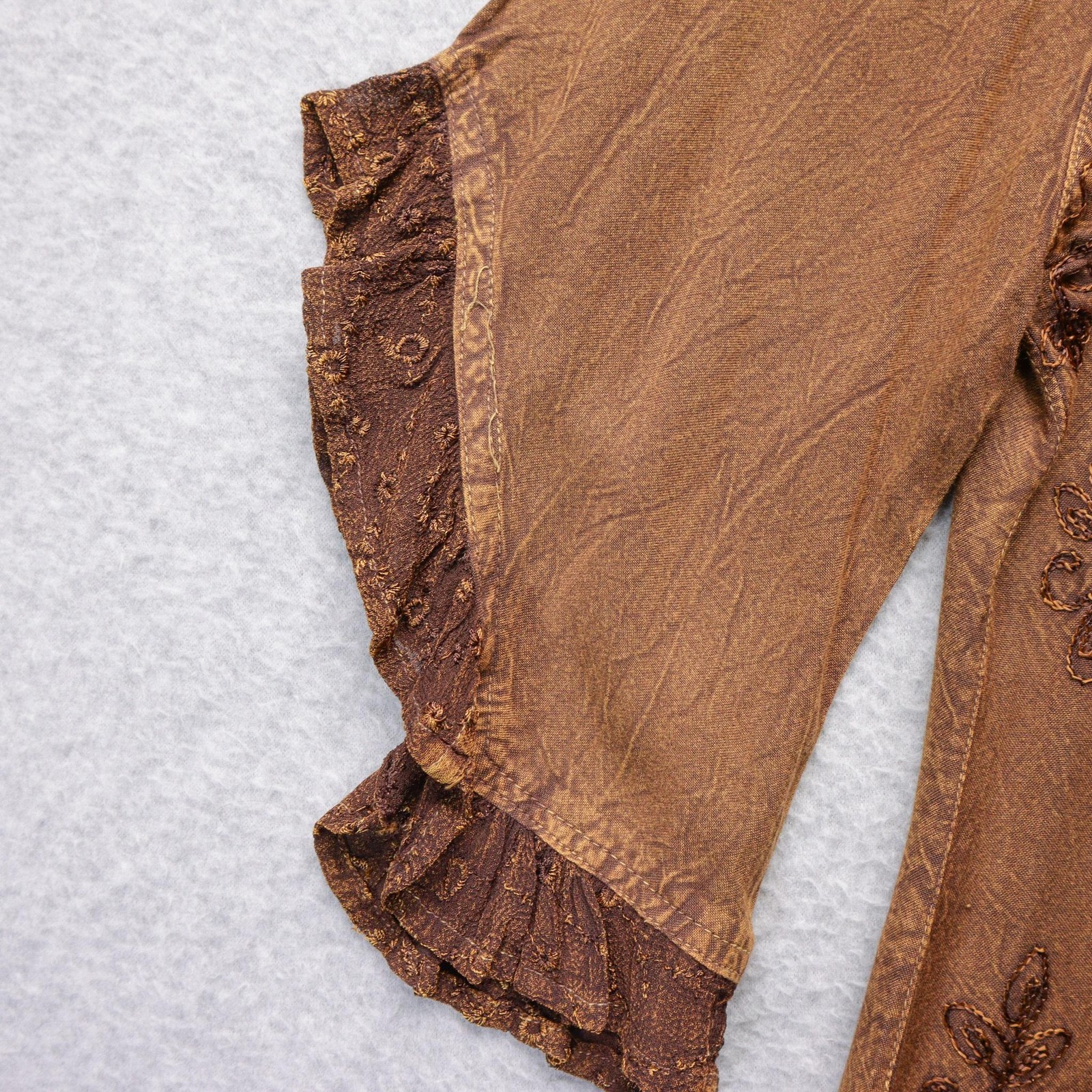 Yeshi Blouse Womens M Brown Embroidered Button Ruffle Fairy Boho Rennaissance