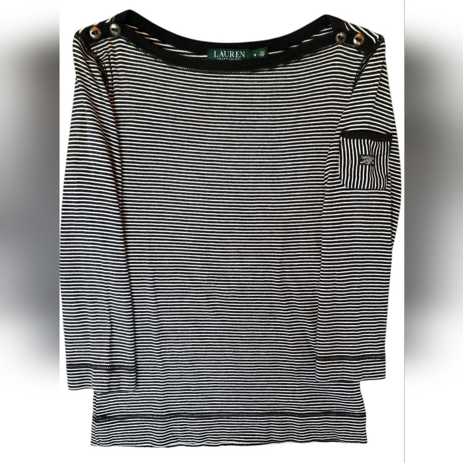 Lauren Ralph Lauren Blouse Womans Medium Black White Striped Preppy Classic