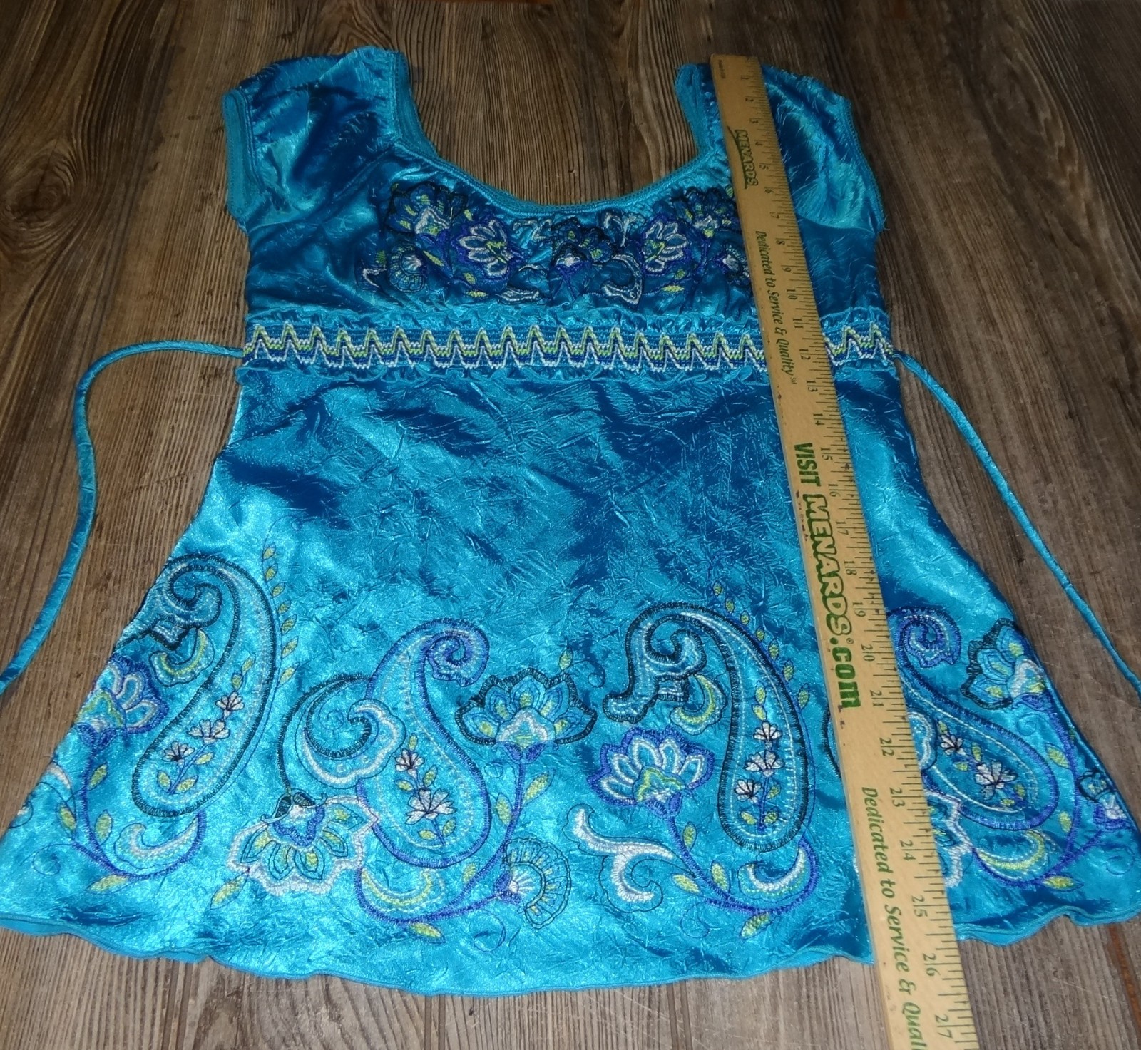 Y2K Turquoise Embroidered Empire Waist Cap Sleeve Womens Sz Medium Boho