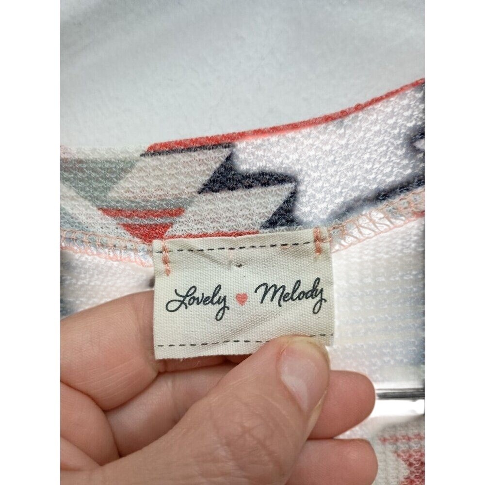 Lovely Melody BOHO Top Womens L Red Blue Aztec Stars Lace Up Waffle Knit Boho
