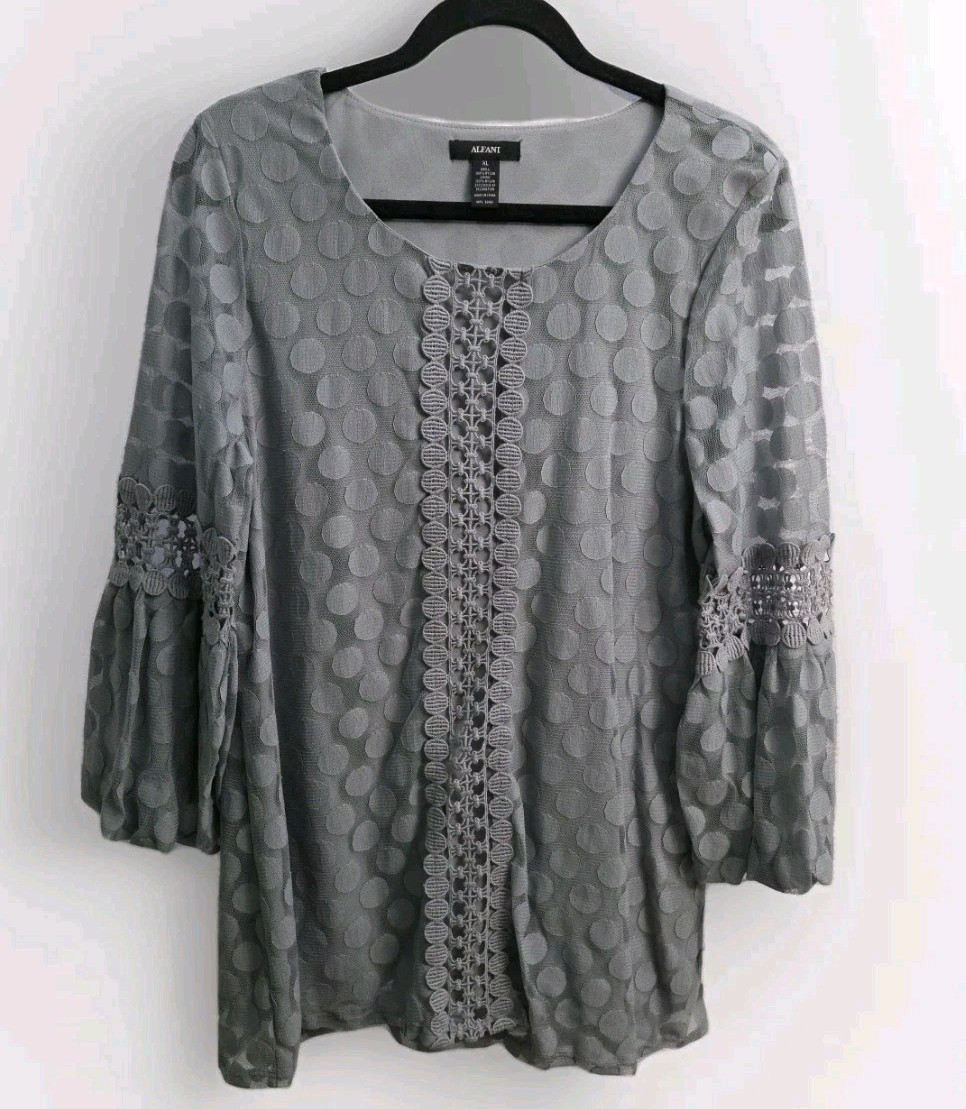 Alfani Womens XL Pullover Blouse Bluish Gray Dots Lined Lace Nylon Dressy