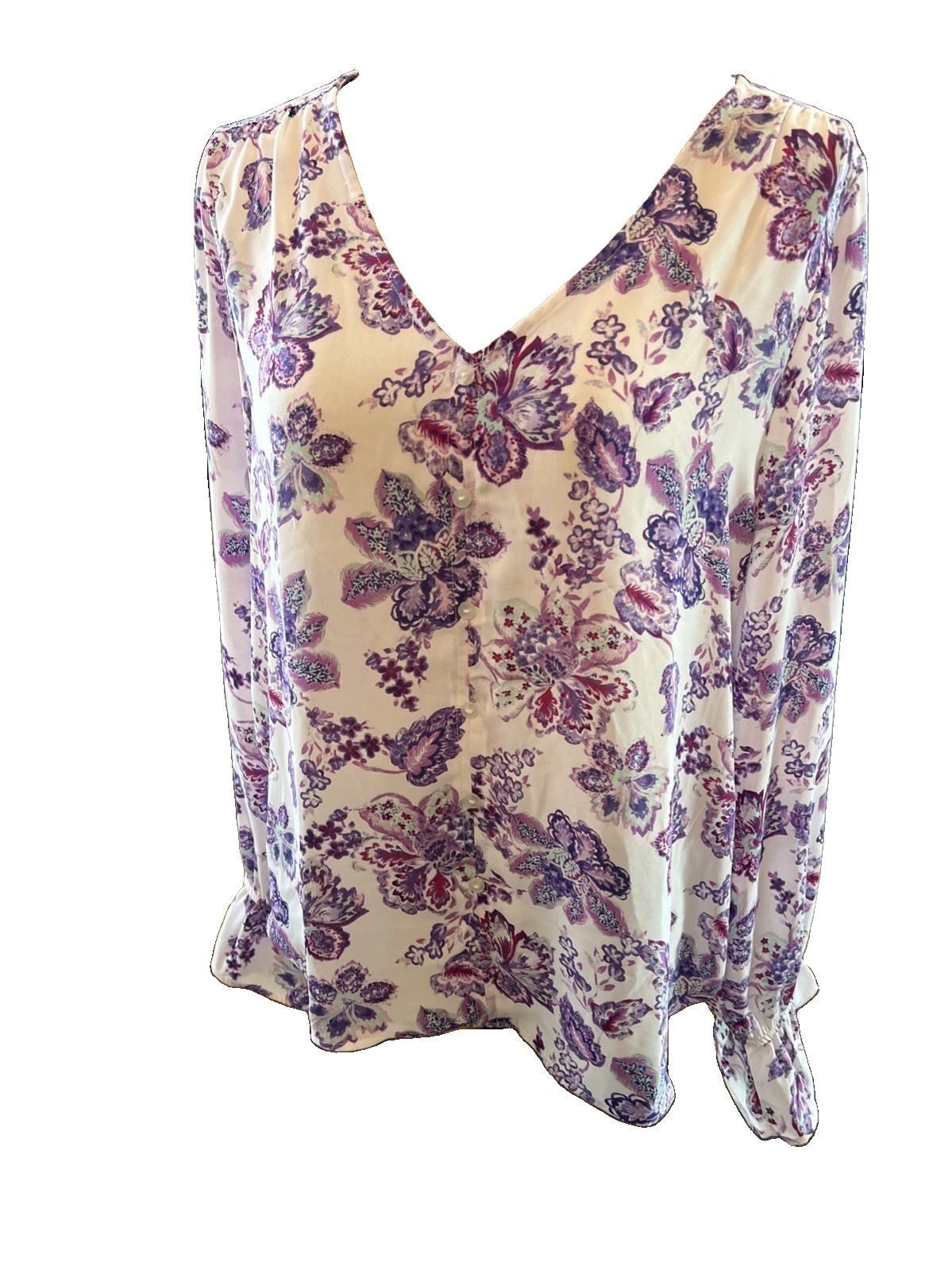 Loft L Purple Floral Pullover Blouse V Neck Long Bell Slvs 100% Rayon Washable