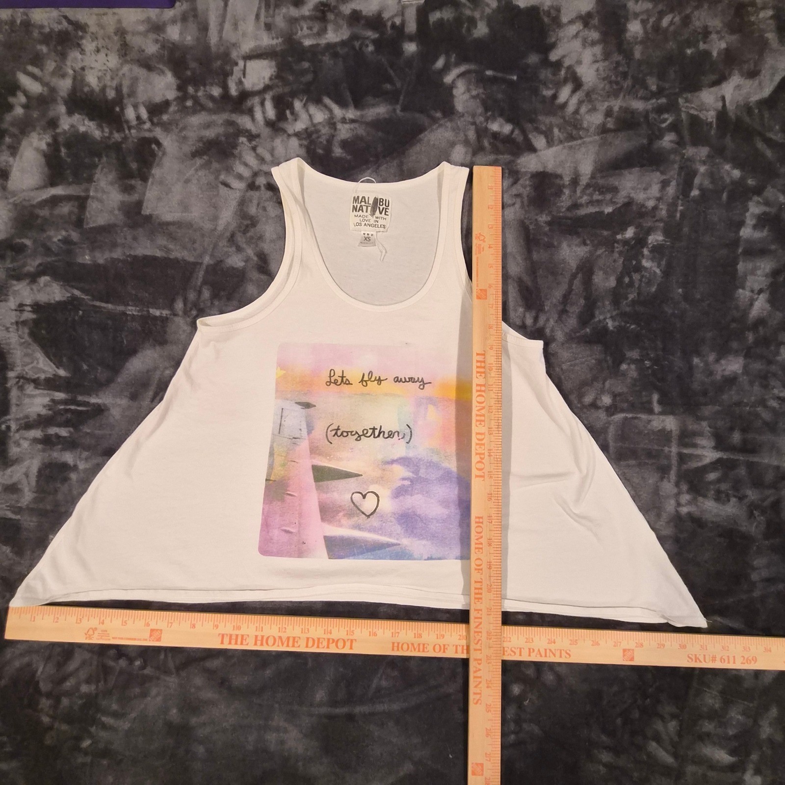 Malibu Native Lets Fly Away Together Graphic Tank Top White Handkerchief Hem XS