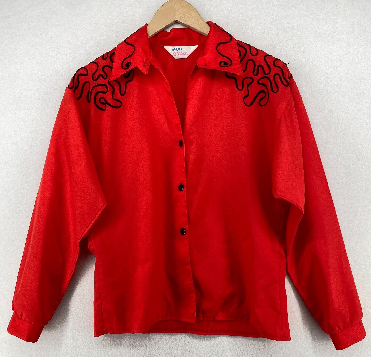 AVON FASHION Blouse M Western Applique Shirt Button Front Long Sleeve Red Vtg