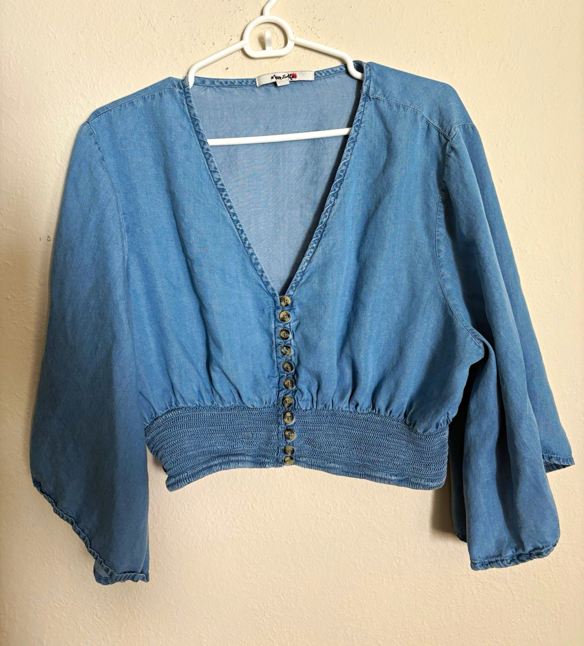 Miss Selfridge Women’s XL Blue Solid Cropped V-Neck Button Bell Sleeve Blouse