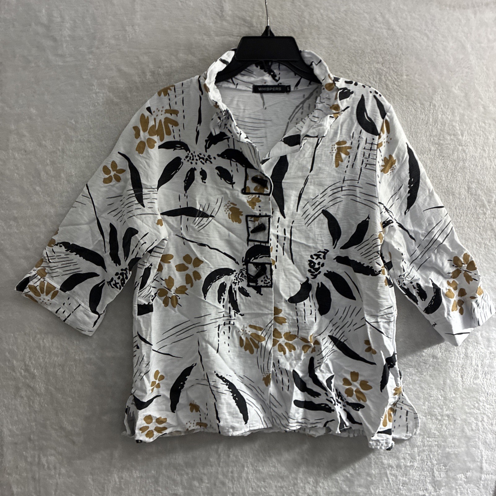 Whispers Womans Button Top White Black Floral L Polyester 3/4 Sleeve V Neck