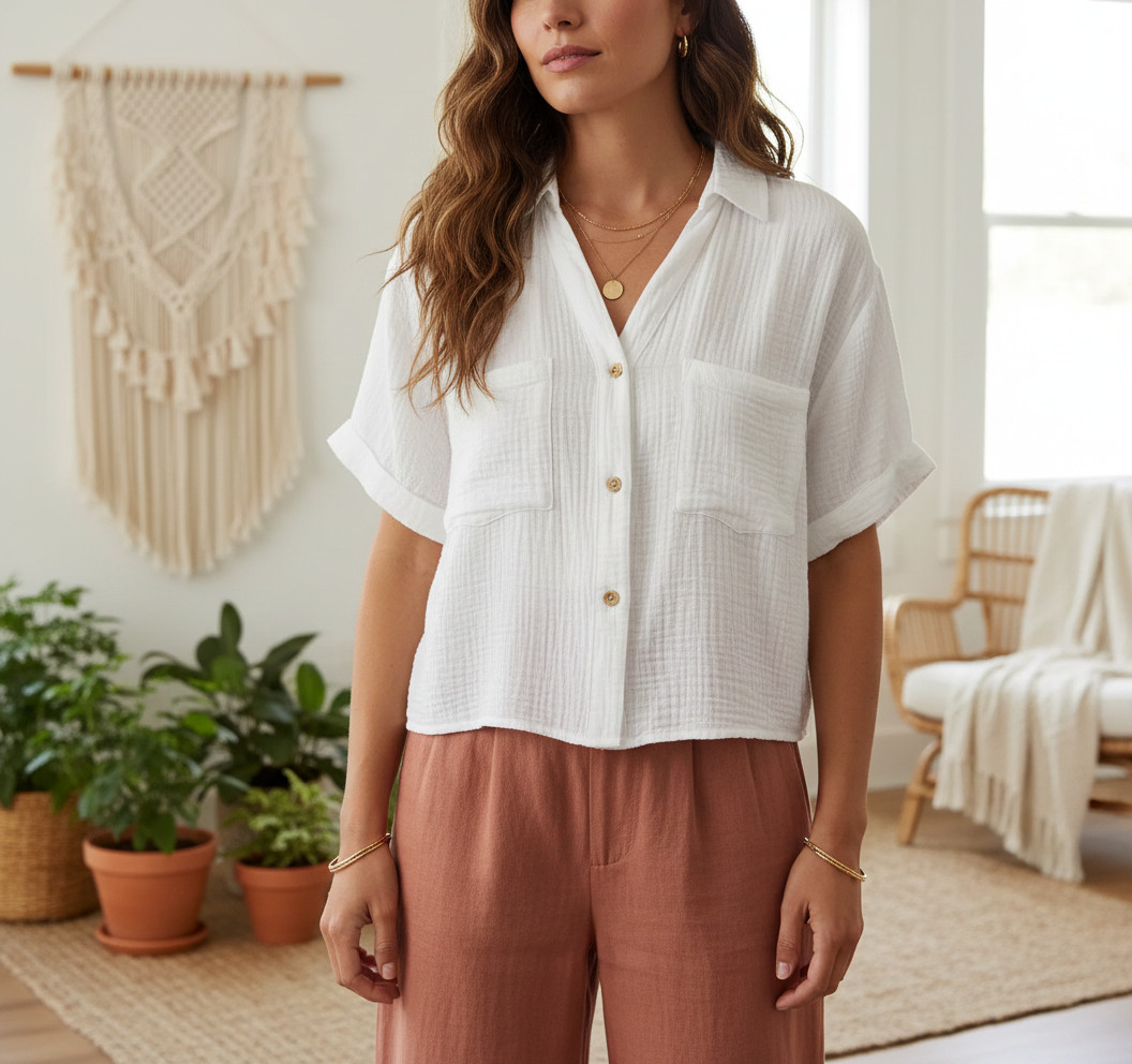 Love Notes M Button Top White Gauze Beach Boho Coastal Casual Minimalist Chic