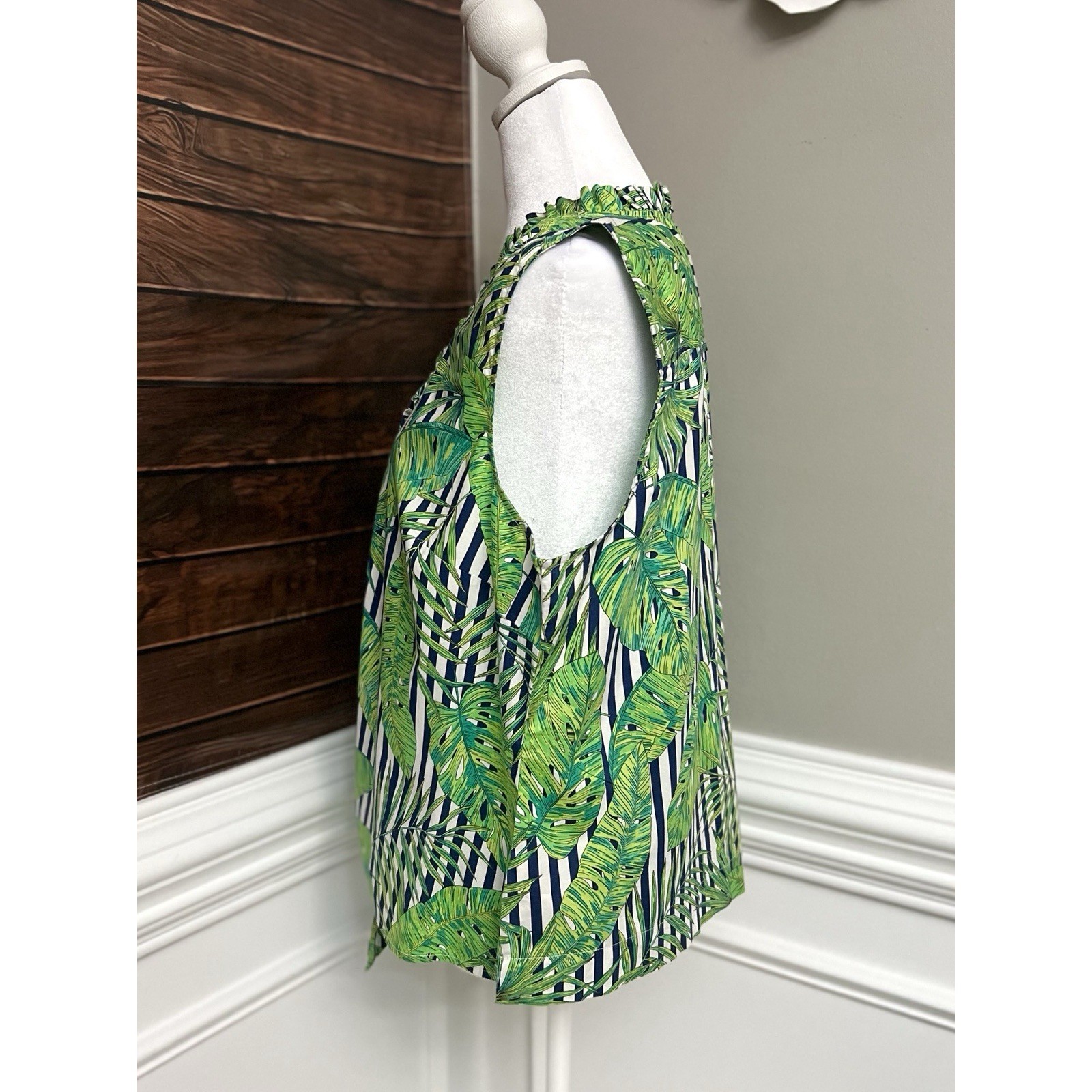 Rafaella Tropical Palm & Stripe Tie-Front Sleeveless Blouse