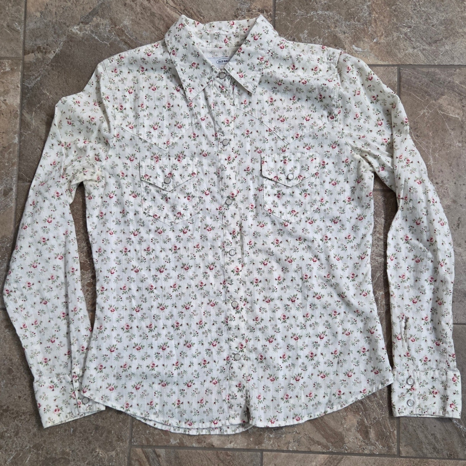 Old Navy Womens Small Floral Western Snap Button Down Shirt Cotton Cream Pink