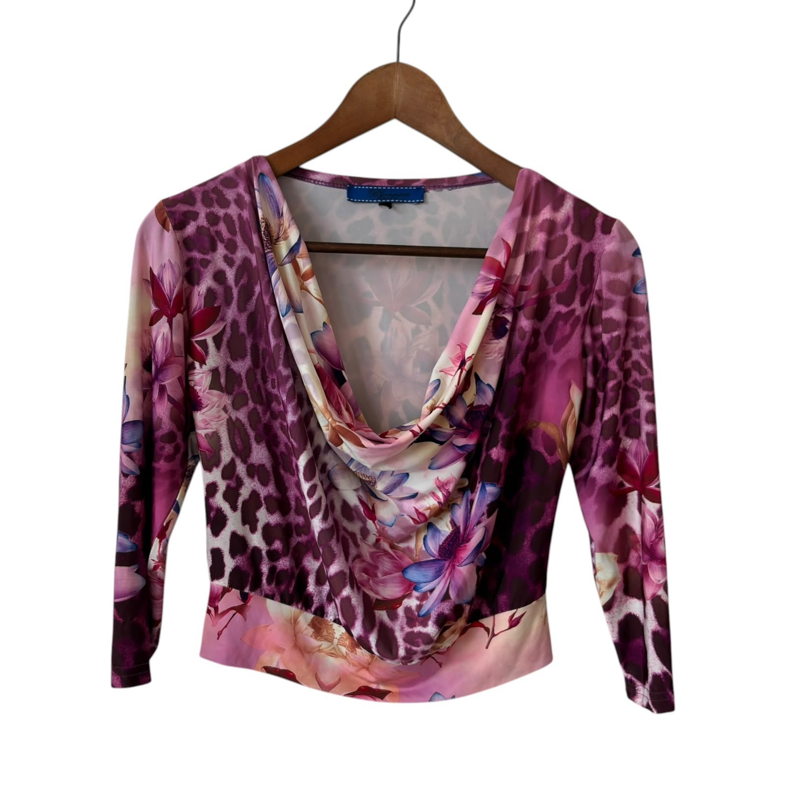 Blumarine Y2K Leopard Floral Print Jersey Cowl Neck Crop Top Size 34/36 XS S