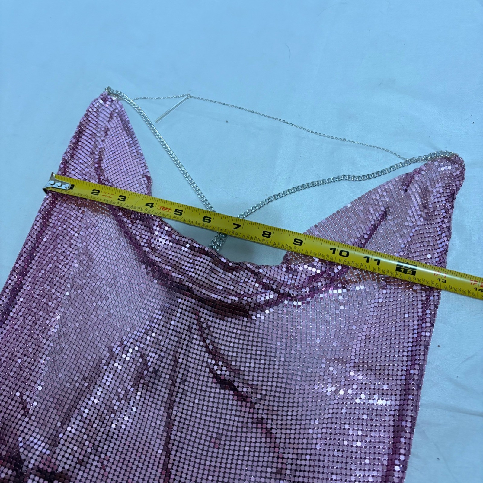 Gorgeous backless Y2k Pink and silver Metal Chainmail Halter Top with cowl neck
