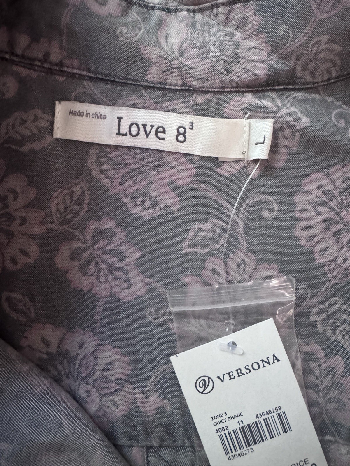 Love 83 Floral Button Front Blouse Gray Pink Roll Tab Sleeve Lyocell Women L