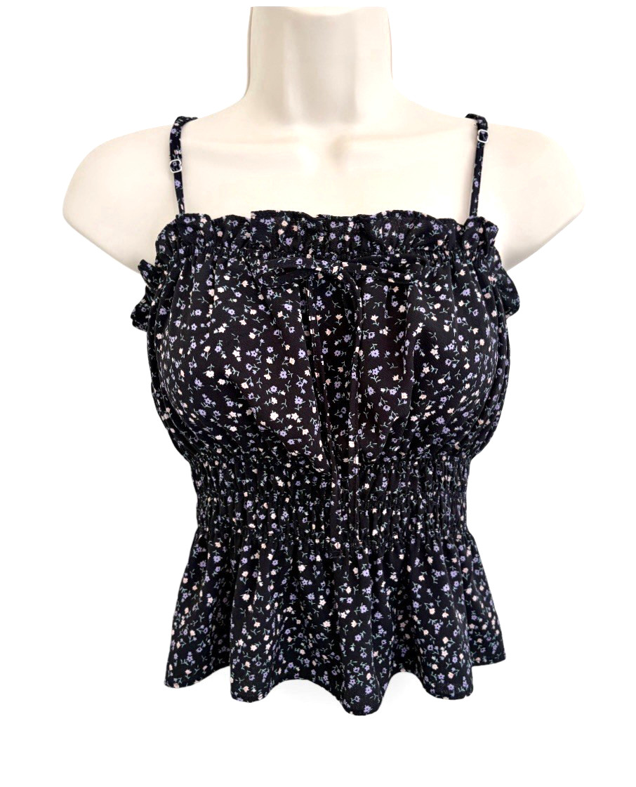 Love Tree Crop Top Sz M Black Floral Smocked Ruffles Stretch Coquett Babydoll
