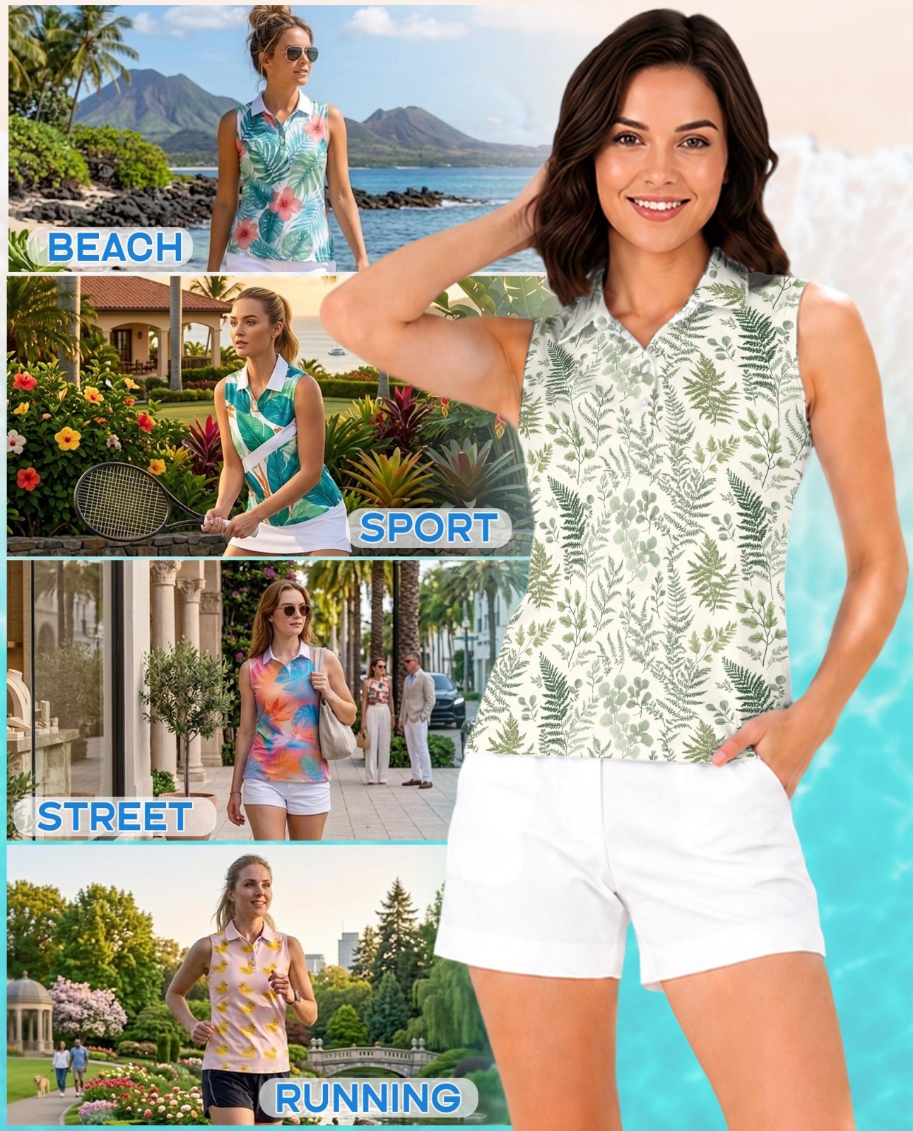 Botanical Fern Women’s Sleeveless Performance Polo Shirt Floral Golf Tennis