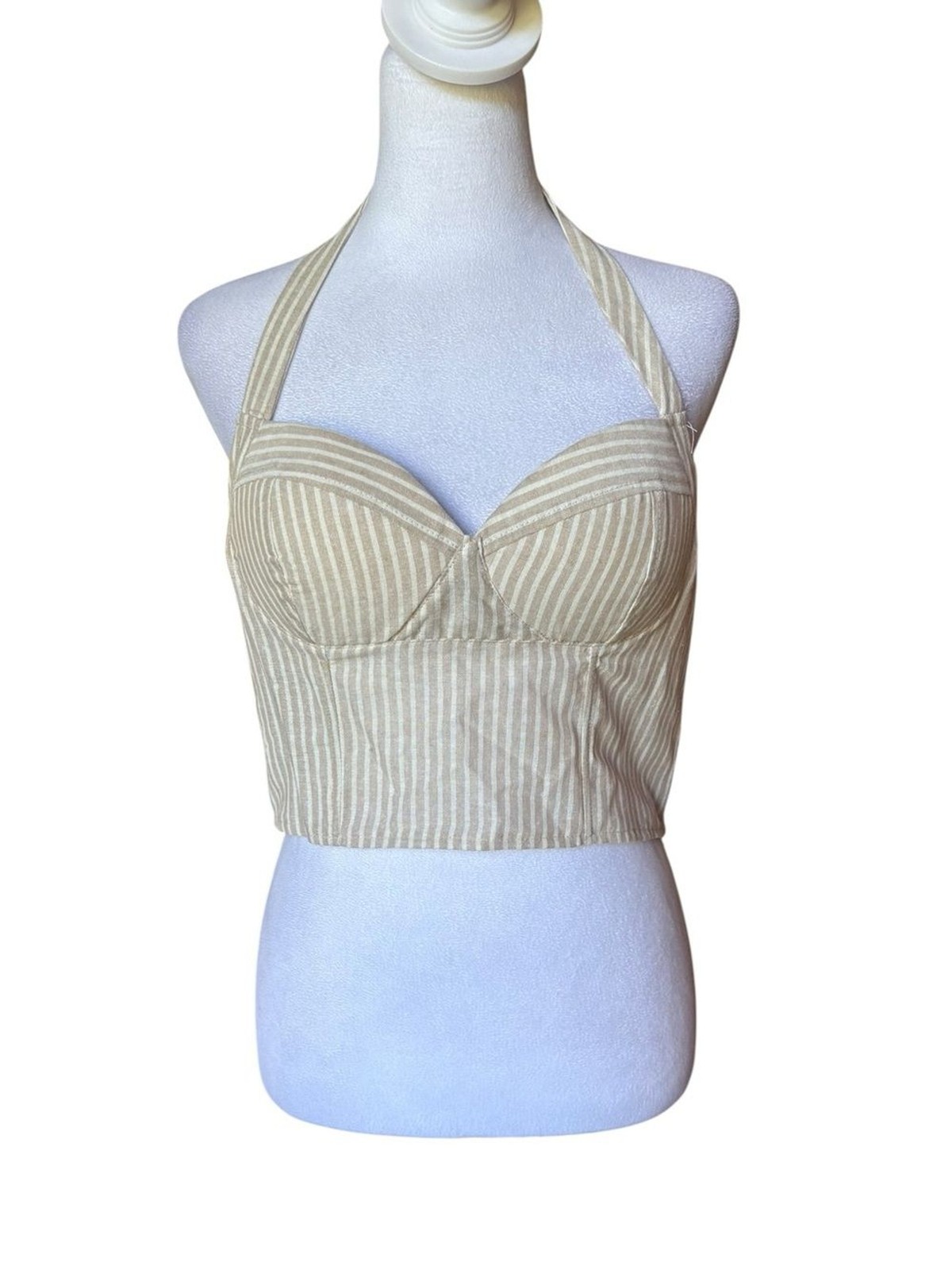 Revolve Superdown Rudy Halter Top Beige White Striped Womens Medium NEW With Tag