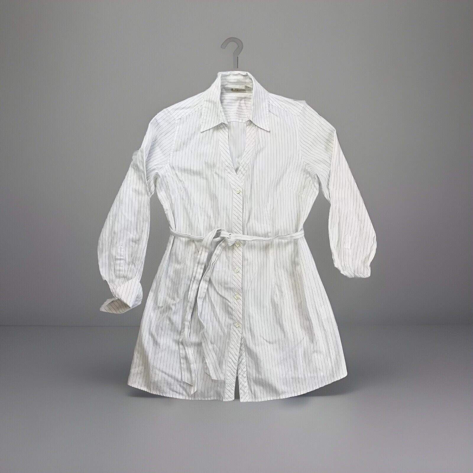 Farinaz Taghavi Button Up Shirt Dress Womans 12 Striped White Long Sleeve V Neck