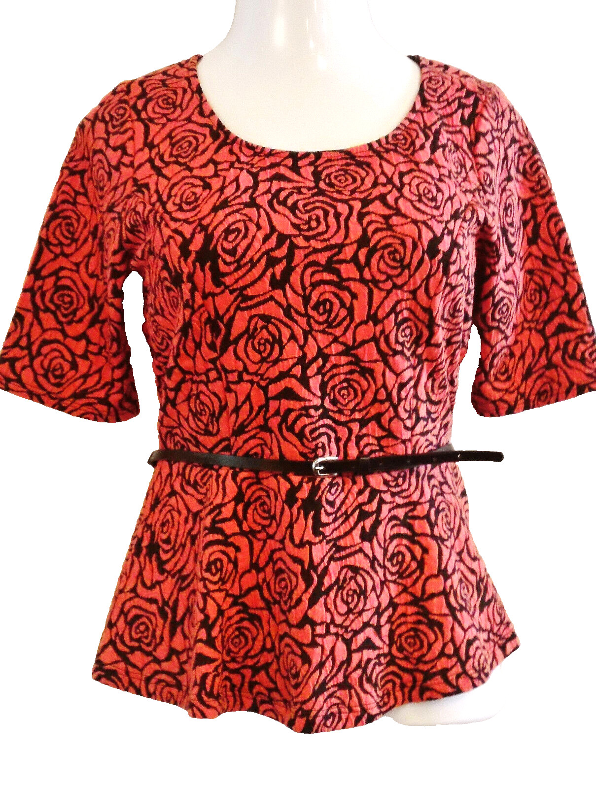 MONAMIE Black / Coral Jacquard Belted Peplum Top Blouse Size M. NWT