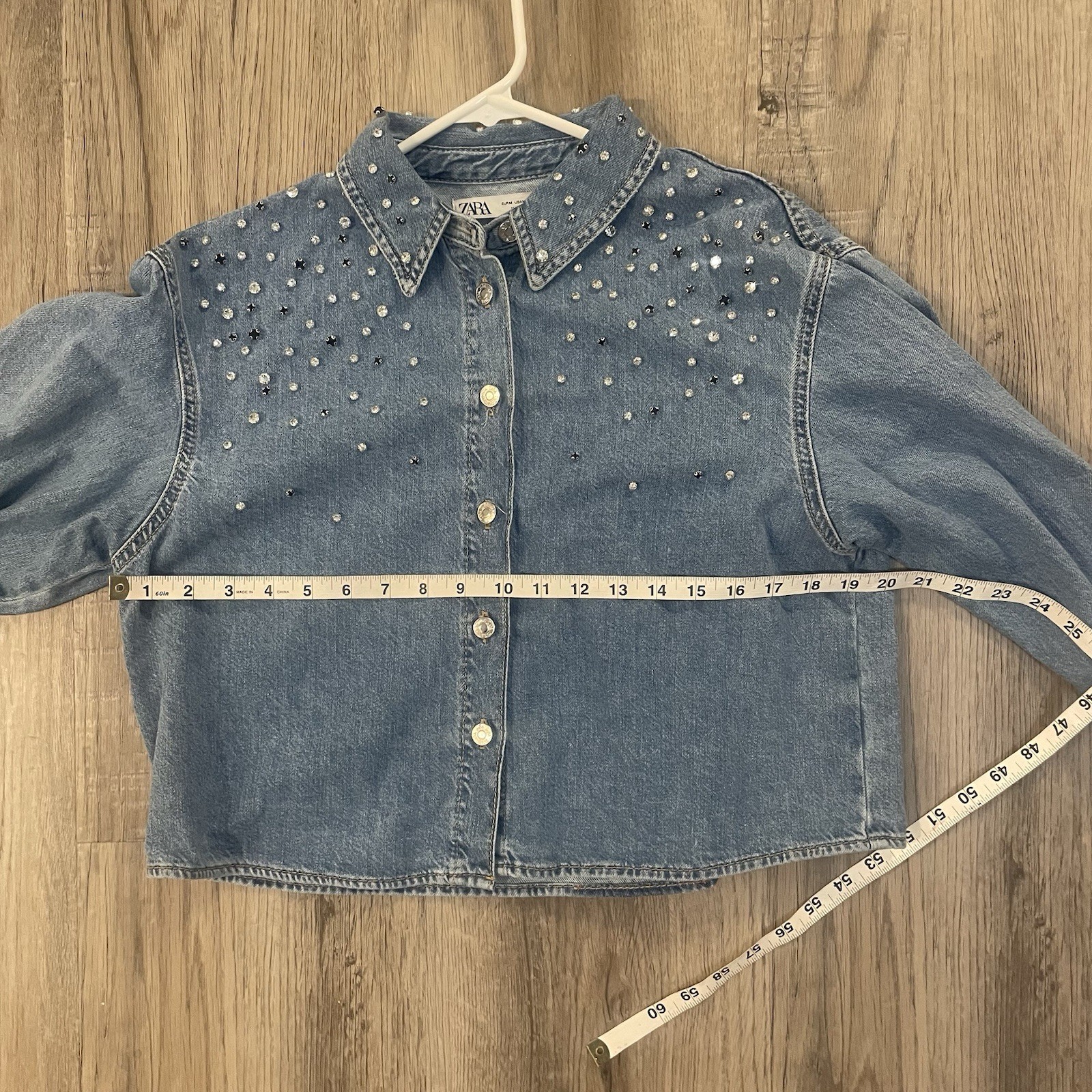 NWT ZARA Jeweled Rhinestone Cropped Denim Jean Shirt Bedazzled Button Front M
